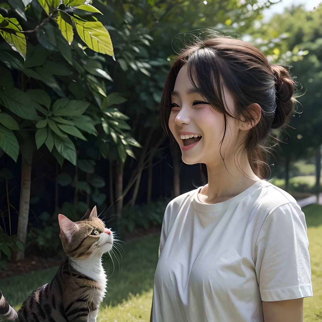 TOP quality,8K, masterpiece, (realistic:1.2), (1girl, cat:1.2), (laugh:1.3), (garden),