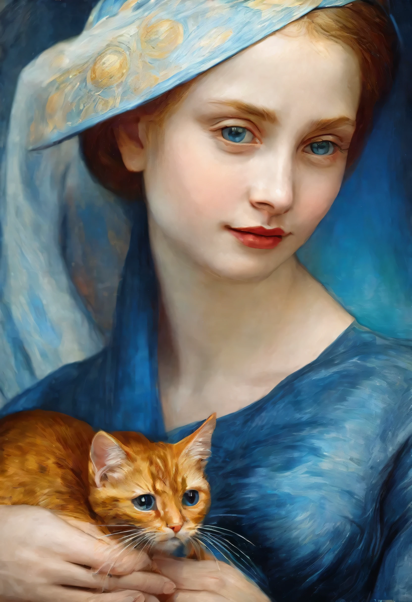 A beautiful girl in rich red-blue-gold clothes, holding a little cat, highly detailed, renaissance style, oil painting, (best quality,4k,8k,highres,masterpiece:1.2),ultra-detailed,1.37),HDR,UHD,studio lighting,ultra-fine painting,sharp focus,physically-based rendering,extreme detail description,professional,vivid colors,bokeh,portraits,van gogh,renoir,leonardo da vinci