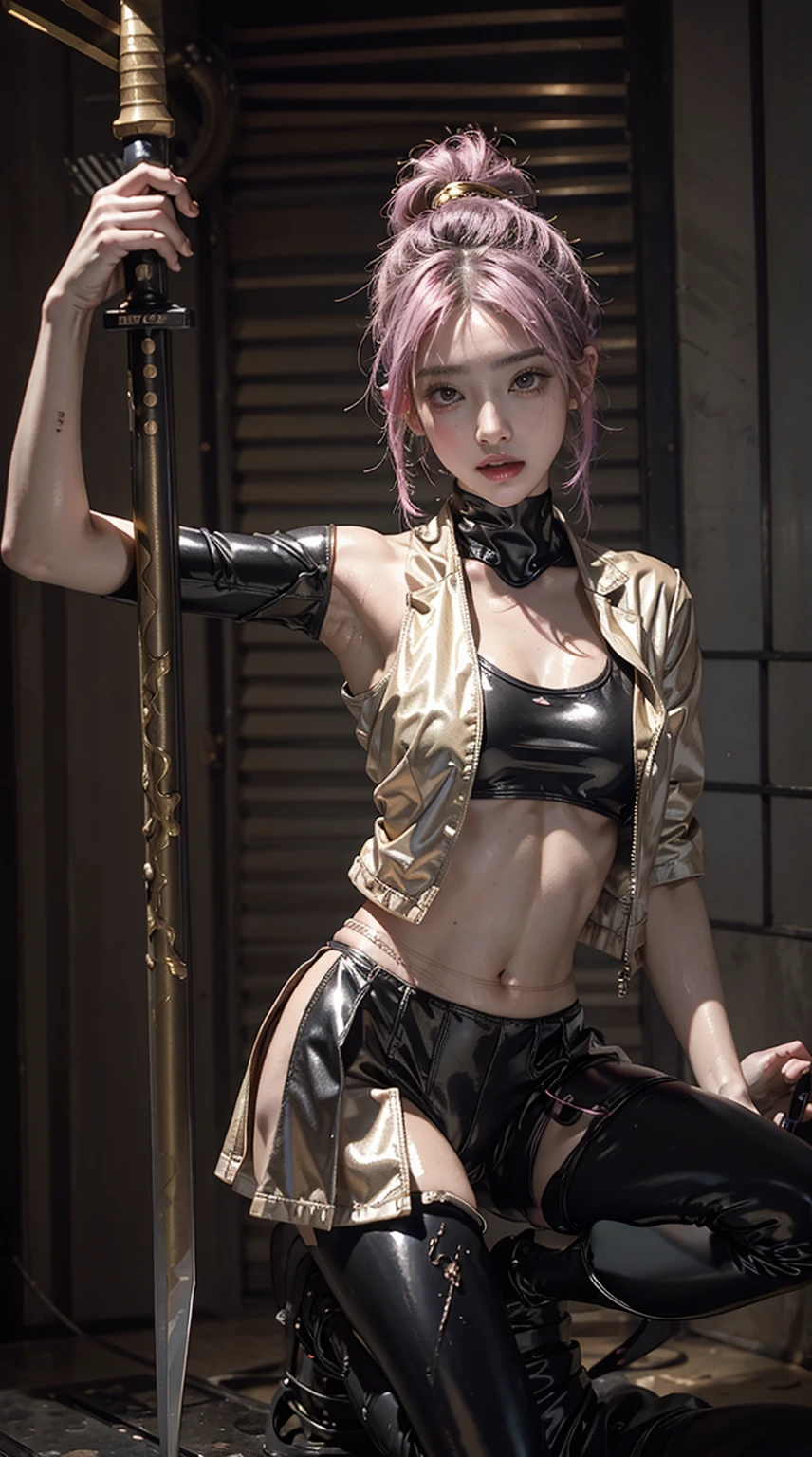 highest quality、surreal、perfect anatomy、Wet and shiny white skin、model body shape、Sweat dripping all over the body、Super small face、Ahegao、Cyberpunk City、Black urban techwear、Pink, silver and gold hair、Black micro bikini、Neon lights、tattoo、Japanese sword、Rubber Suit、Scarf、Stall、