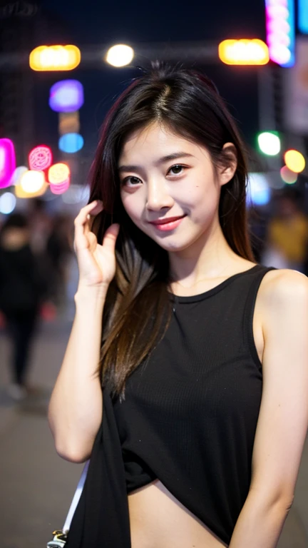 Realistic  cute blonde asian girl, black hair, brown eyes, blue top, realistic, background night and some shops with on light, selfie, no blur