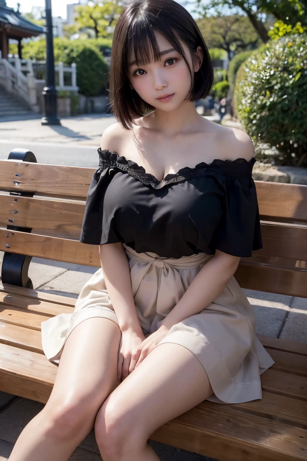 Masterpiece, Best-quality, RAW-photo, Ultra-High-Resolution, Photorealistic, very delicate human skin,
(Anatomically correct, 16-years-old, Realistic Japanese girl, photographer's lover, She truly loves photographer, baby face, cute face, short height, thin waist, big breasts, Slender legs, Large breast, Realistic skin),
((No bra, teat, off shoulder dress:1.3)),
(maiko, Round face, Black hair, Black eyes, Moist eyes, Shining eyes, Short bob cut, Bangs, Down-slating eyebrows, one little earring, Light blush),
(See photographer, look at viewer, sit on a park bench, legs apart:1.3),
(Elegant goddess smile, seduce men),
(Tokyo, Shinbashi, very lively Japanese station square),
Natural lighting, full length