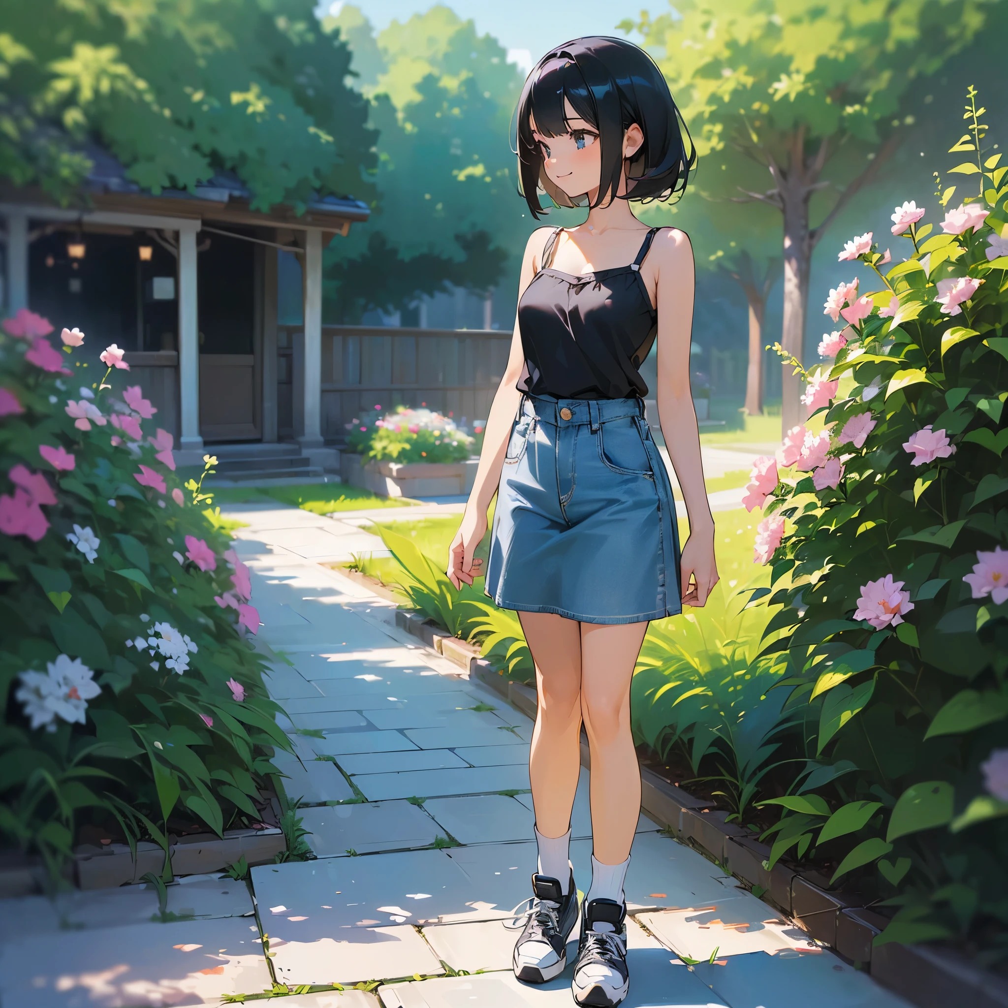 (high quality, High resolution, Very detailed, reality:1.37), Peaceful atmosphere, (Outdoor, garden), Teenage girl standing alone, (my breasts are big.), Beautiful details, Cute Smile, (Black bob hair), camisole, Denim skirt, Blue socks, sneakers.