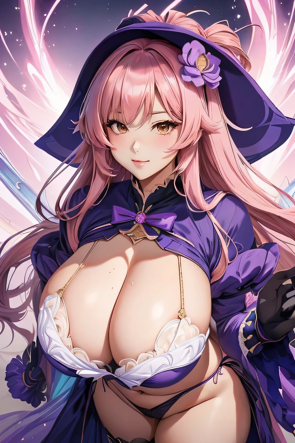 Anime girl with big boos posing in sexy outfit, thick, , ayaka Genshin Impact impact, Big Breasts!, A strong and plump female magician, Fluffy breasts, Marisa Kirisame, tits, the chest is covered, Highly detailed art gems, Pubic Pose, Big Breasts!!, She has tits, Genshin Impact