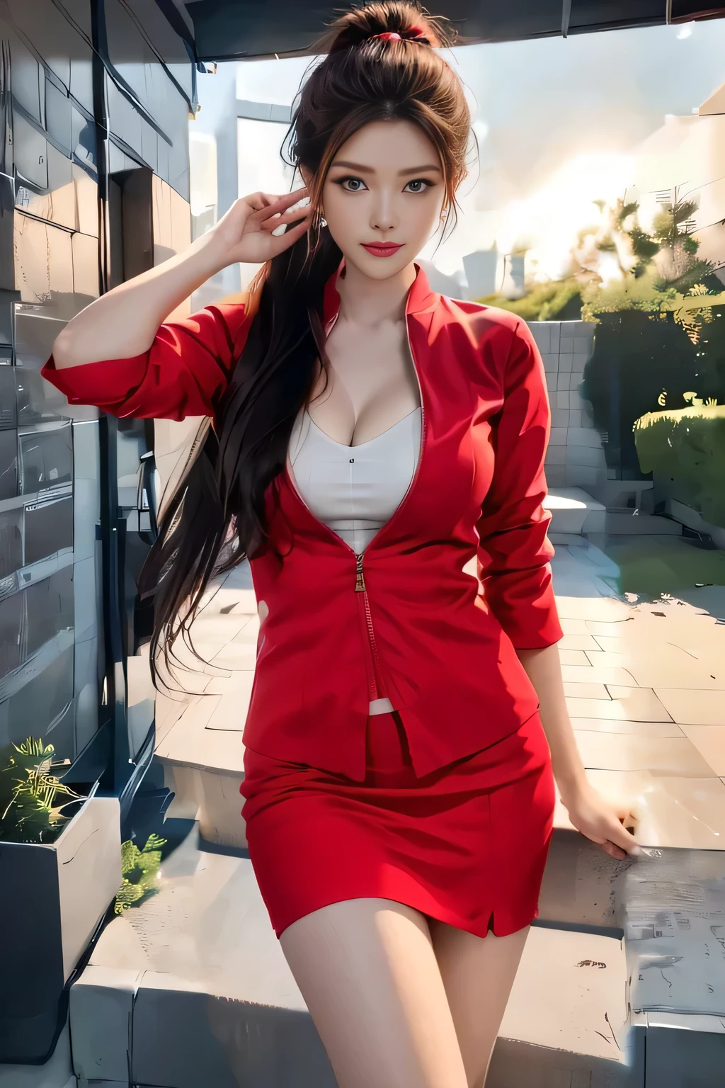 AirAsia red jacket uniform、Long hair down to the legs、Dark brown hair、Hair tied up、Tie your hair back in a ponytail、ponytail、Red rubber band、Luxury earrings、Captivating look、Blue Eyes、22 year old Asian female