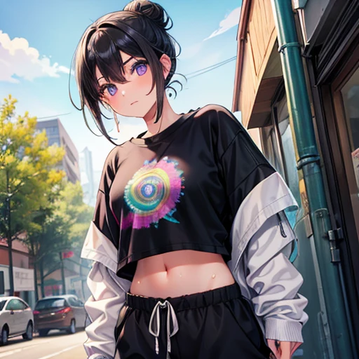 1girl, black hair in a bun, tye die t shirt, sweatshirt wrapped aroumd waist, sweat pants