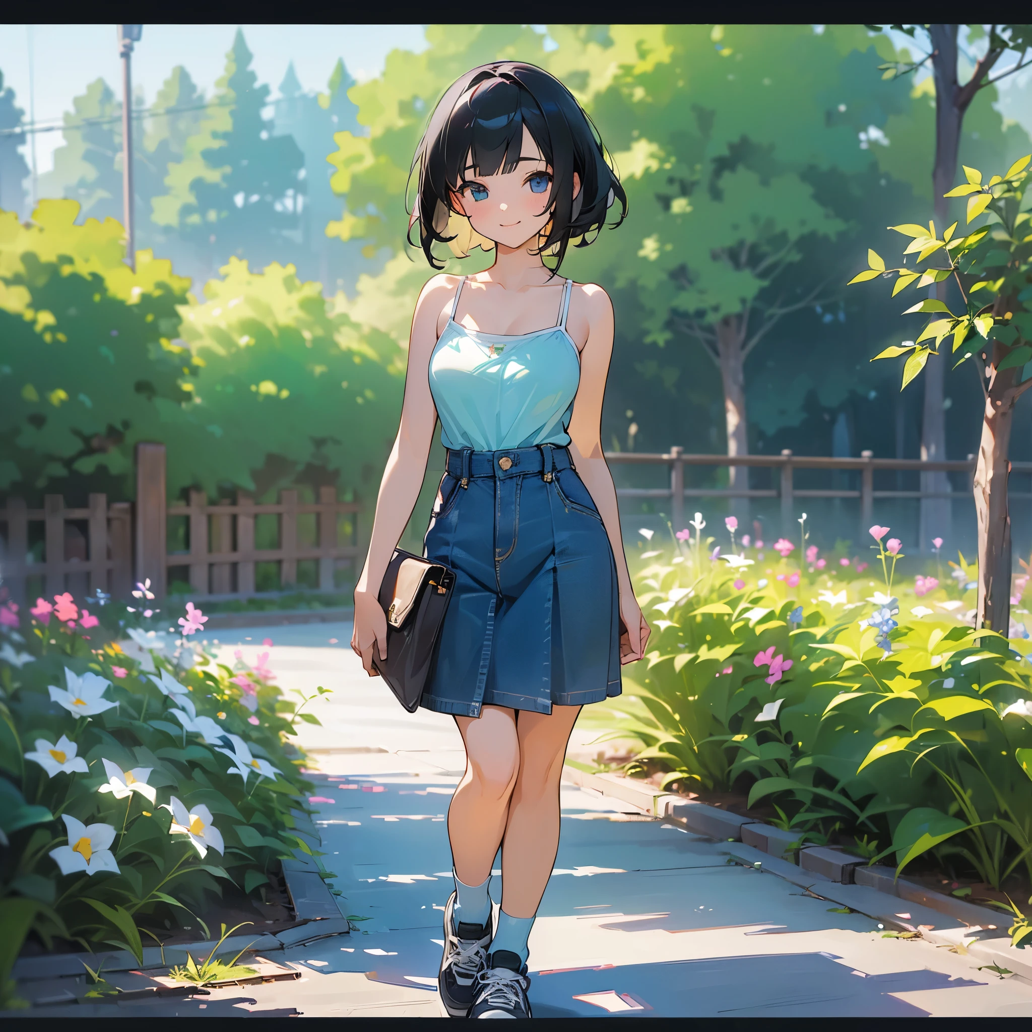 (high quality, High resolution, Very detailed, reality:1.37), Peaceful atmosphere, (Outdoor, garden), girl standing alone, (my breasts are big.), Beautiful details, Cute Smile, (Black bob hair), camisole, Denim skirt, Blue socks, sneakers.