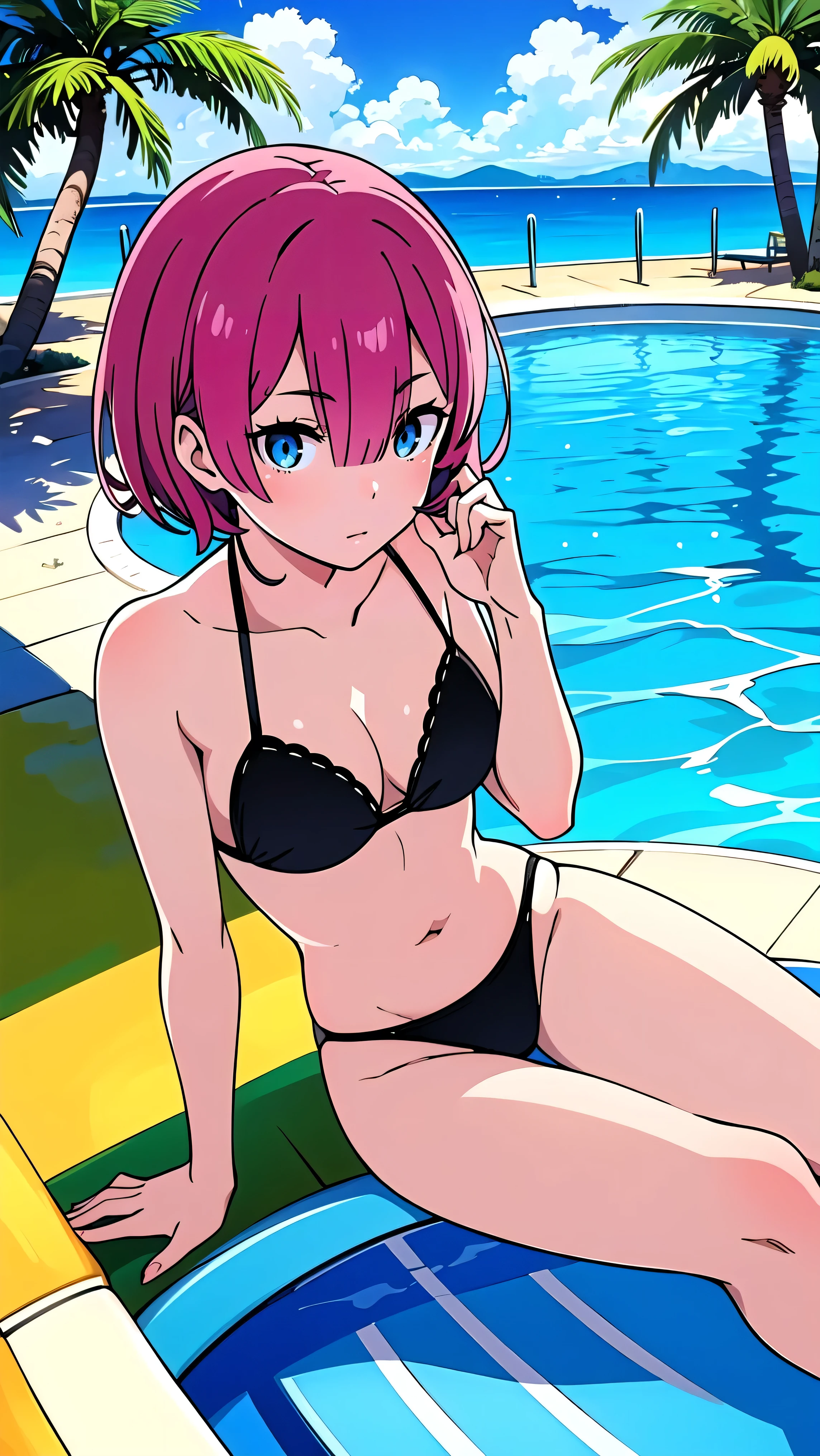 (best quality,highres,masterpiece:1.2),anime,ultra-detailed,enjoying,relaxing,vibrant colors,swimming pool,beautiful,attractive girl,sitting,lounging,black bikini,sunny day,clear water,with palm trees in the background,summer vibes,refreshing,sparkling water.