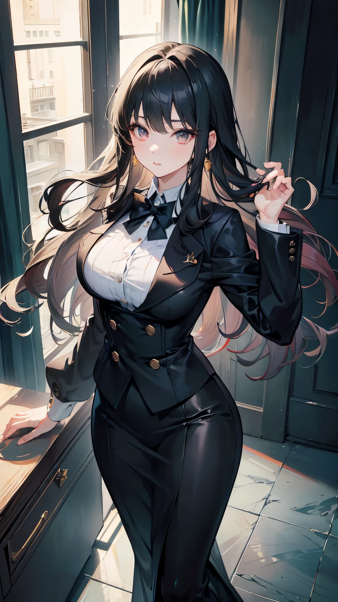 Shibuya rin, 1 girl, brunette, long hair, green eyes, dark shiny skin, White shirt, black tie, high detail, Luxurious view, bare legs, USA, brown hair, medium breasts 