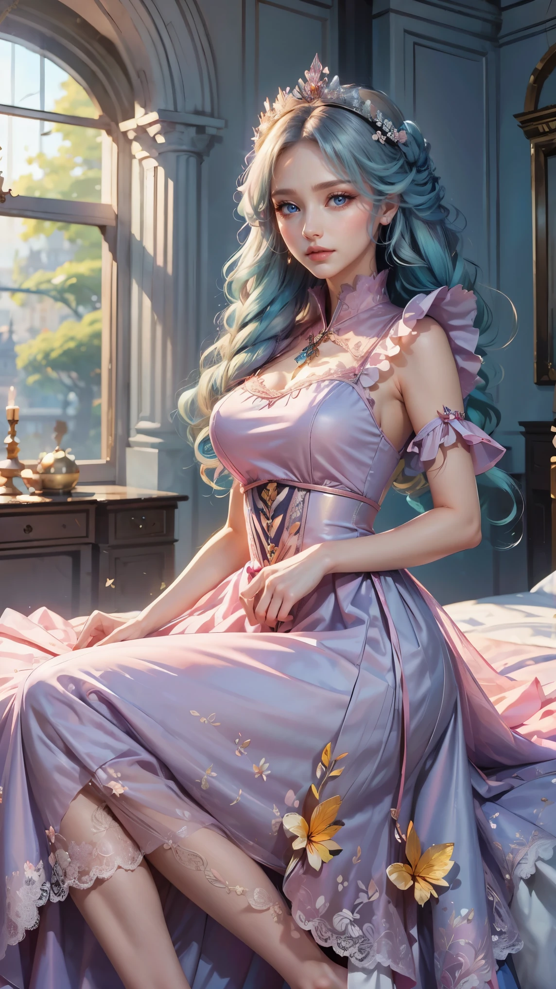 Best quality, masterpiece, ultra high res, raw photo, beautiful and aesthetic, deep shadow, fairy theme,(ultra detailed:1.3),
1girl, sexy pose, flower headdress, drill hair, long hair, blonde hair, gradient hair, yellow eyes, solo, huge breasts, big hair, blue hair, divine goddess, looking at viewer, indoors, queen bedroom, empress bed, room full of curtain, astraea, full body, pink dress, cute maid dress, transparant dress,