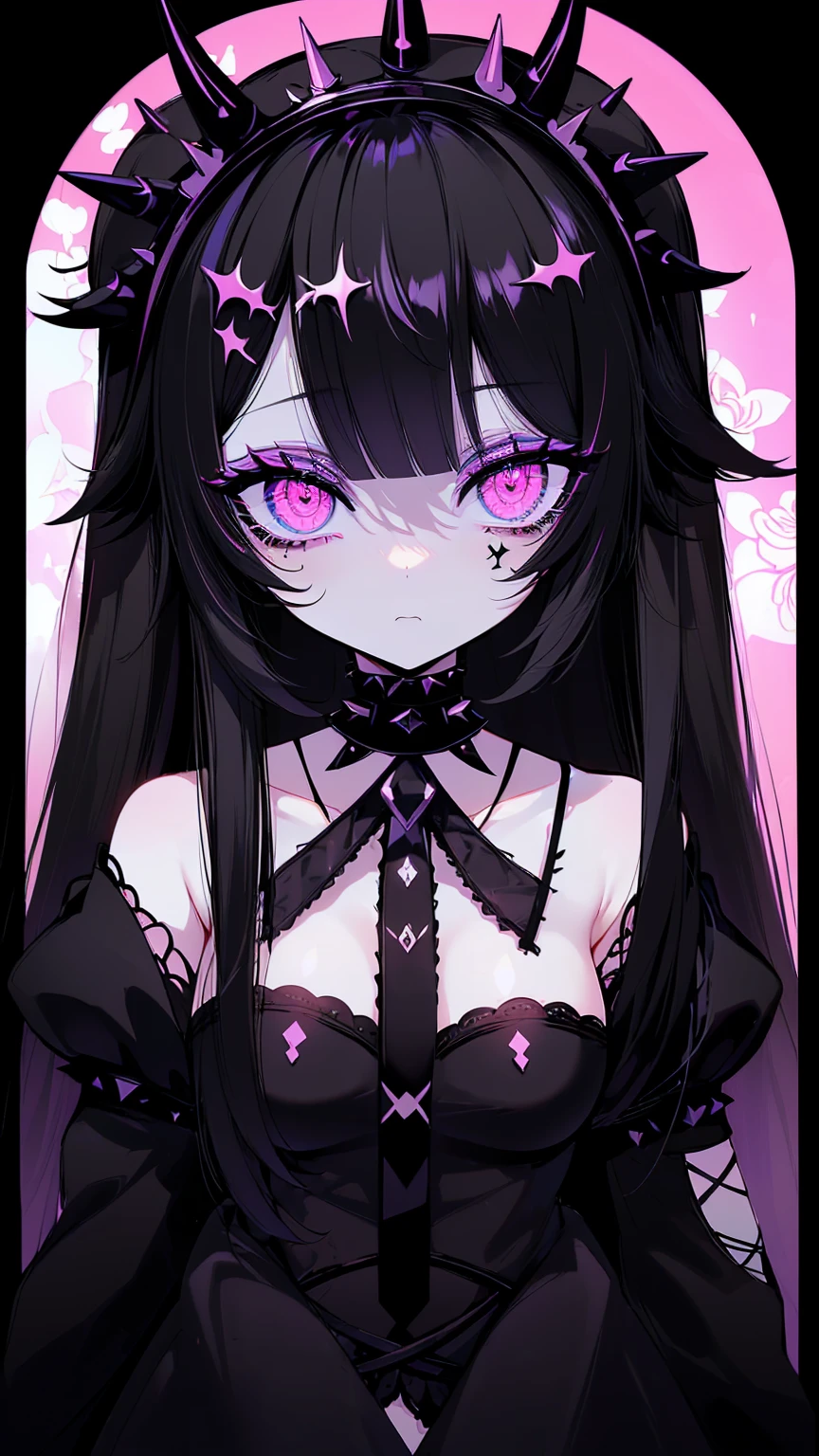((ultra-detailed)), ((illustration)), (beautiful detailed eyes), beautiful, amazing, detailed eyes, (((masterpiece))), (realistic:0.5), best quality, female, solo_focus, ,insanevoid, glowing eyes, extra eyes, horror \(theme\),doll joints, ((lifeless eyes)), ((goth nun)), ((gothic, emo)), ((crazy eyes)), (insane:1.3), ((jointed doll)), ((pale white skin)), ((goth makeup)), ((straight posture)), ((goth flower crown)), (spikes), (rosaria from genshin impact), ((straight black hair)), ((black veil)), ((doll eyes)), (close up)