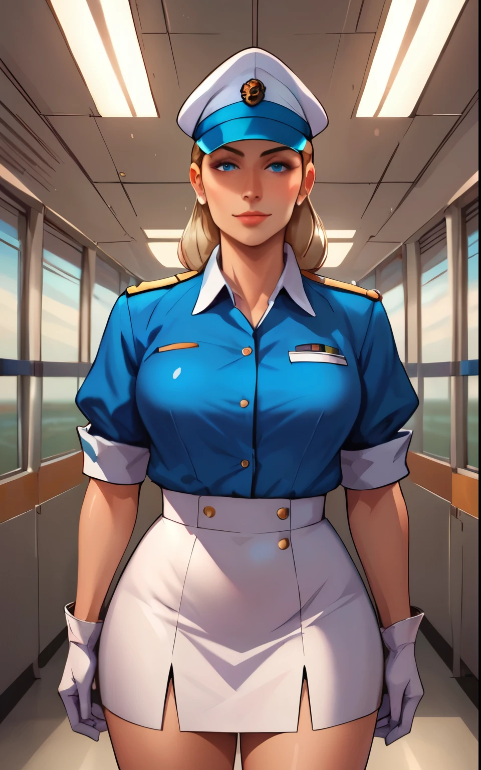 score_9, score_8_up, score_7_up, BREAK extremely detailed, 2d, solo, stewardess, blue blouse, white skirt, gloves, cap, (smile:0.5), indoors, airport, facing viewer, frontal image.