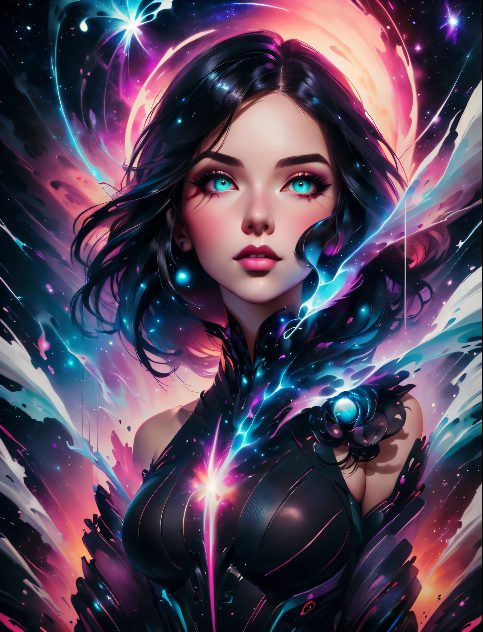 a woman with a black hair and a black top is standing in front of a galaxy, beeple and jeremiah ketner, artgerm julie bell beeple, neoartcore and charlie bowater, jen bartel, greg beeple, stunning digital illustration, alice x. zhang, artgerm jsc, rossdraws cartoon vibrant