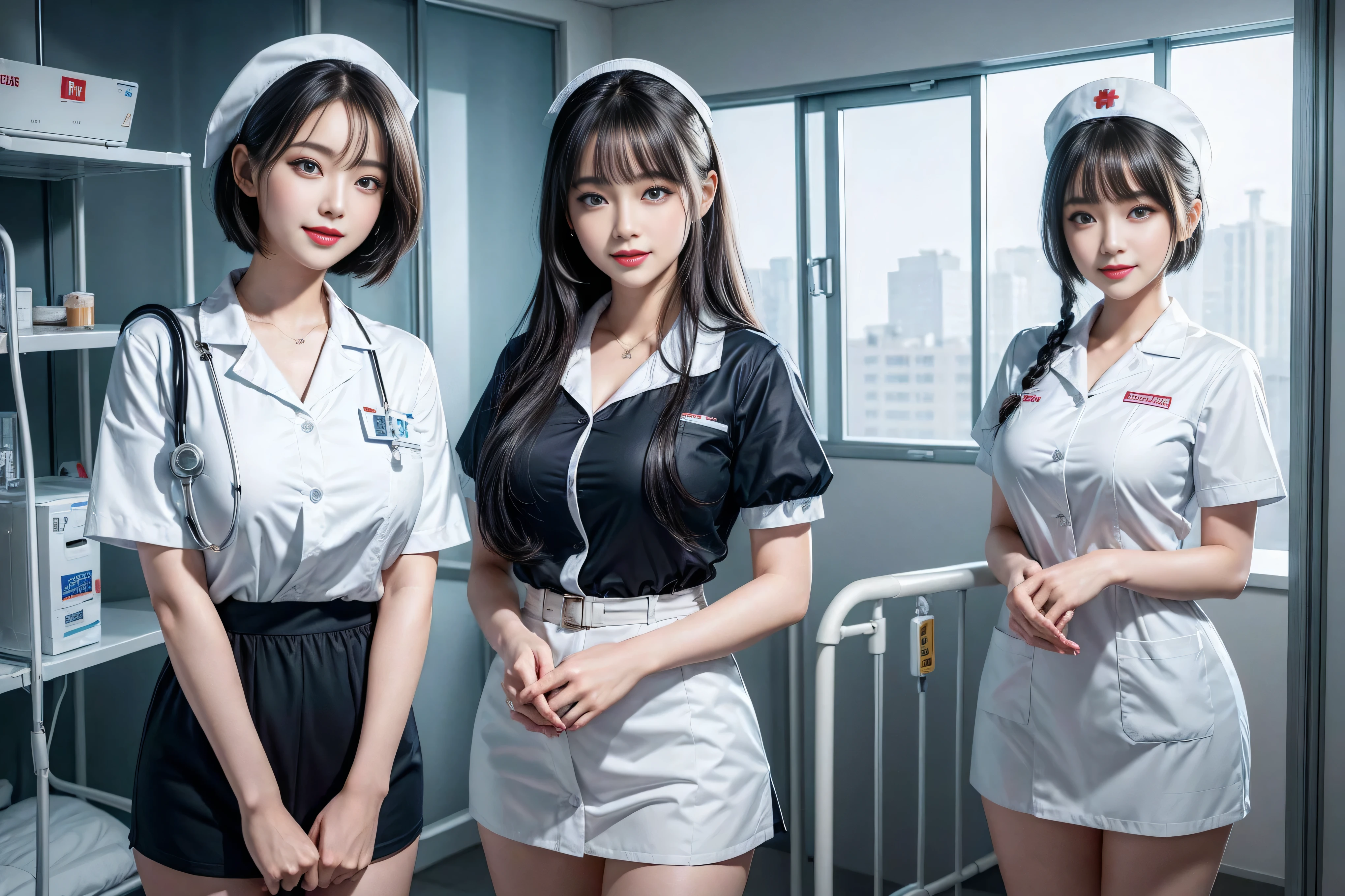 Two woman, korean artist natural woman. Wearing blue employee uniform, Holding long cucumber, cucumber have splash thick and doused milk, two woman doused with a many milk. shocked face. Up looking. Dripped body, Soak body, wet body, sit down in the mat, beside river, outdoor situation, full photo body shot