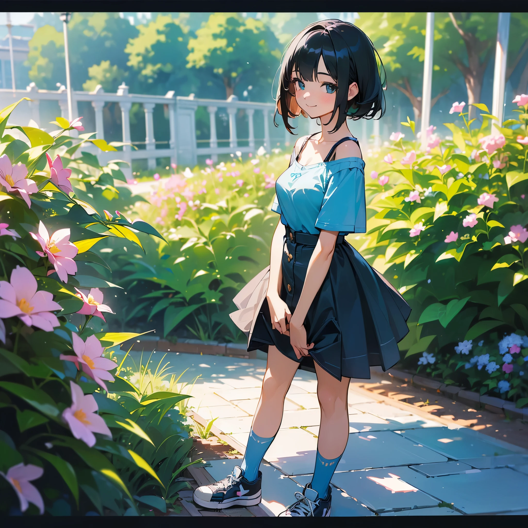 (high quality, High resolution, Very detailed, reality:1.37), Peaceful atmosphere, (Outdoor, garden), age girl standing alone, (my breasts are big.), Beautiful details, Cute Smile, (Black bob hair), camisole, Denim skirt, Blue socks, sneakers.