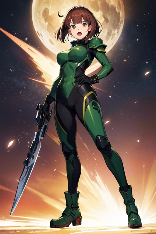 Anime drawings、Full body portrait、Space SF fighter、The person holding the weapon is a woman around 155cm tall, around 26 years old, wearing dark green body armor.、Open mouth and screaming、Short brown hair、Large gloves、boots
