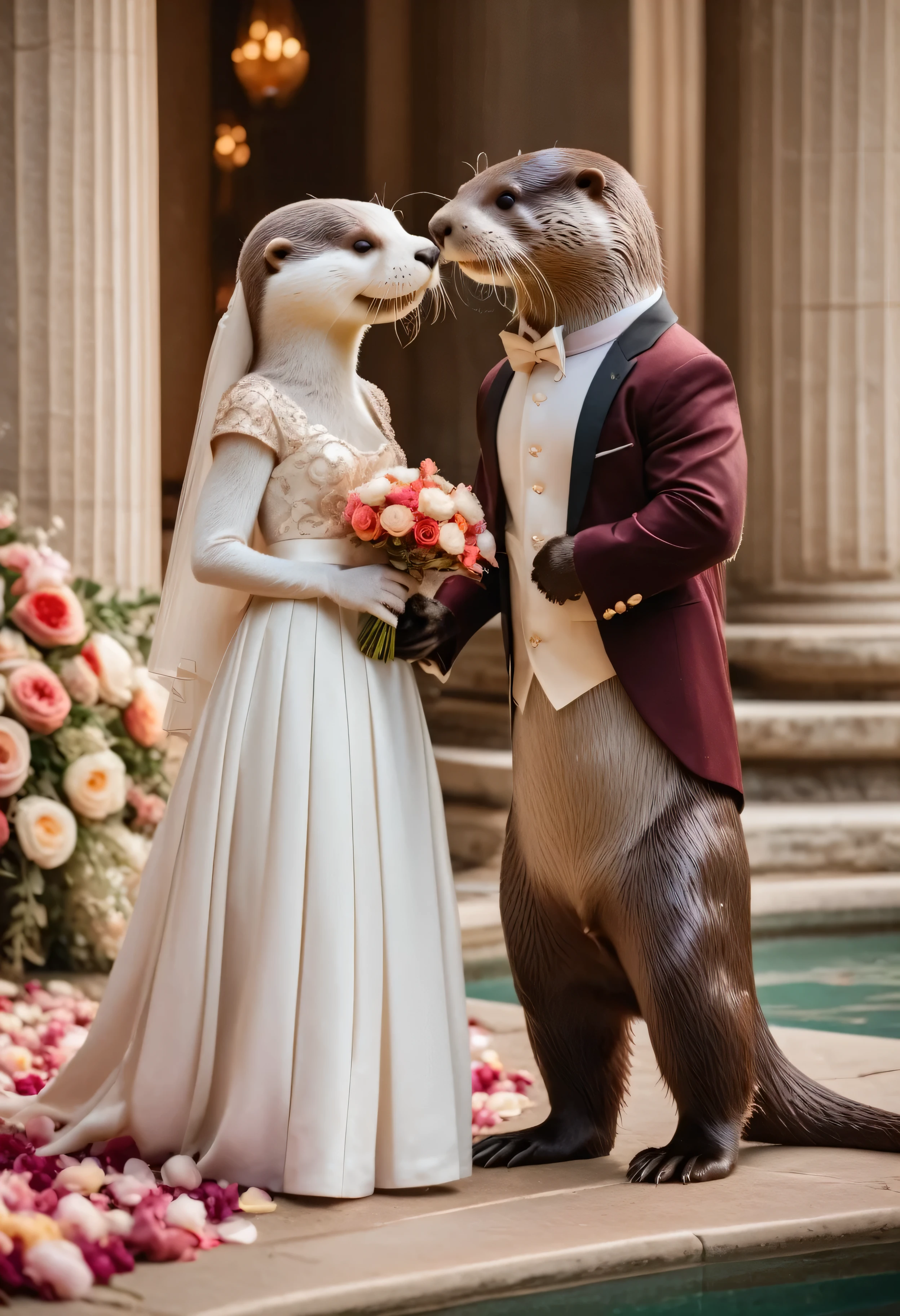 Award winning photography, close-up short, professional photo, cinematic lighting, masterpiece in maximum 16K resolution, ultra detailed, superb quality, side view of an (anthropomorphic otter love couple:1.2) on the (classic wedding ceremony), (vintage outfit:1.4), (columns surrounded with flowers, floating petals), divine aura, serene romantic atmosphere.