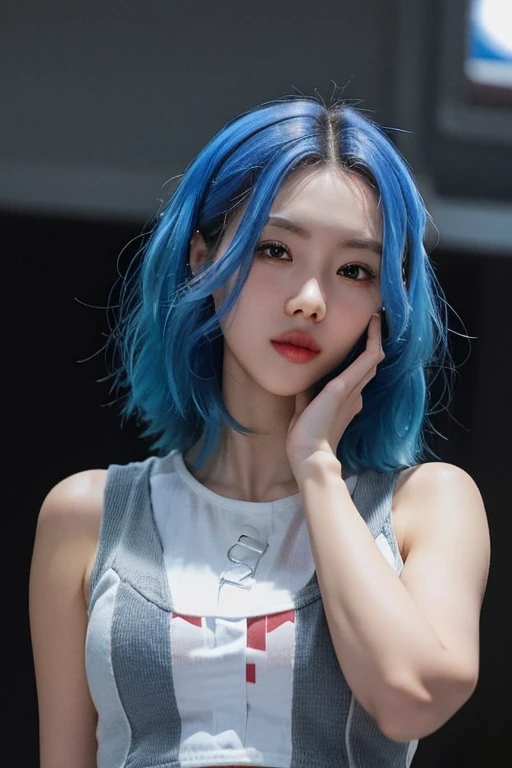 (masterpiece, best quality:1.4), 8k, highres, shiny skin, lips, super detailed skin, detailed beautiful face and eyes, spotlight, professional lighting, (full body), (medium breasts, sweater), realistic, jewelry, earrings, looking at viewer, sleeves past wrists, (short hair, (light blue hair:1.4), lips, brown eyes), street corner, jungyeonsan, <lora:jungyeon_v2:0.8>
