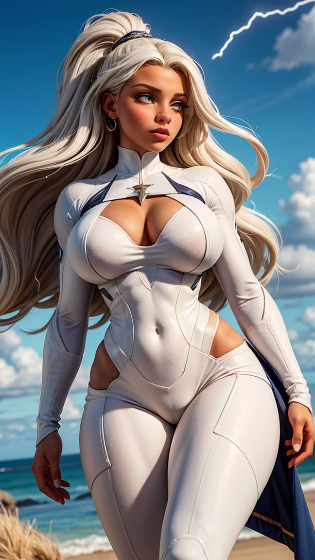 UHD, Artwork, accurate, Anatomically correct, super detail, high details, high quality, best quality, 8K, high resolution. The heroine Storm (Ororo Munroe) looks beautiful in a full-length photo. Brown eyes and long white hair match her dark skin and transform her into a goddess of beauty. Storm's outfit consists of: a white suit composed of a bright white material, which contrasts sharply with her dark skin and white hair. It still maintains a tight shape to the body, emphasizing its curves and agility. She looks very sexy, drawing attention to her big breasts and muscular body. In the background we see lots of lightning and thunder falling from the sky.