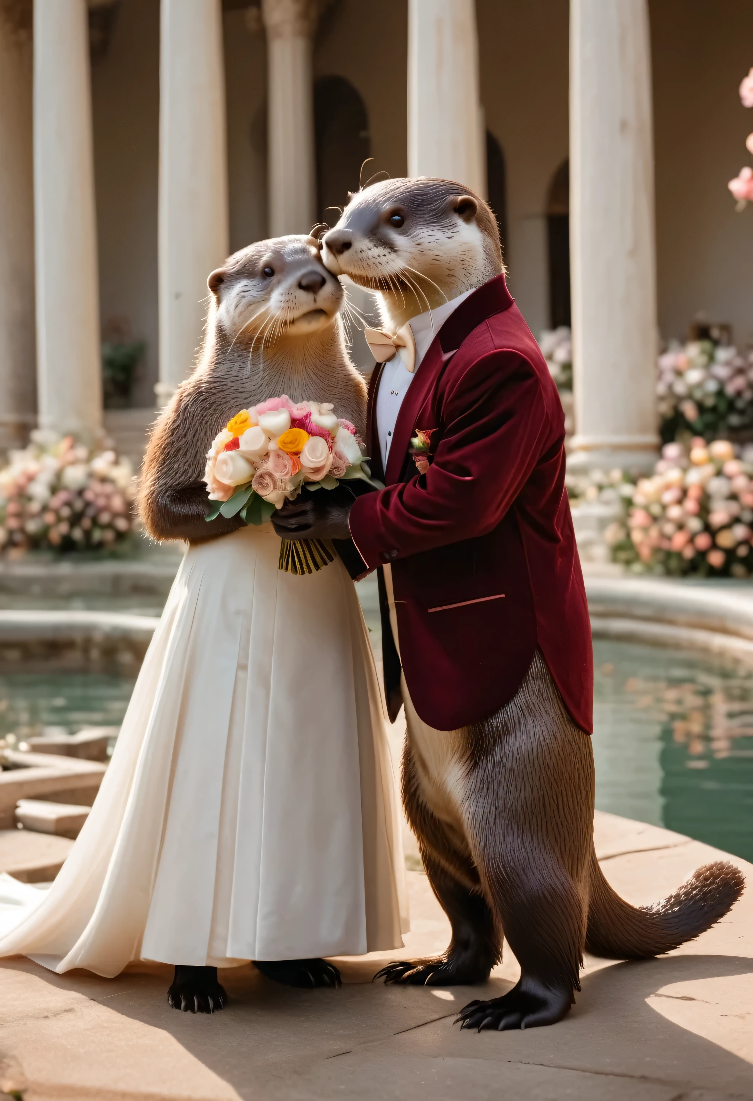Award winning photography, close-up short, professional photo, cinematic lighting, masterpiece in maximum 16K resolution, ultra detailed, superb quality, side view of an (anthropomorphic otter love couple:1.2) on the (classic wedding ceremony), (vintage outfit:1.4), (columns surrounded with flowers, floating petals), divine aura, serene romantic atmosphere.