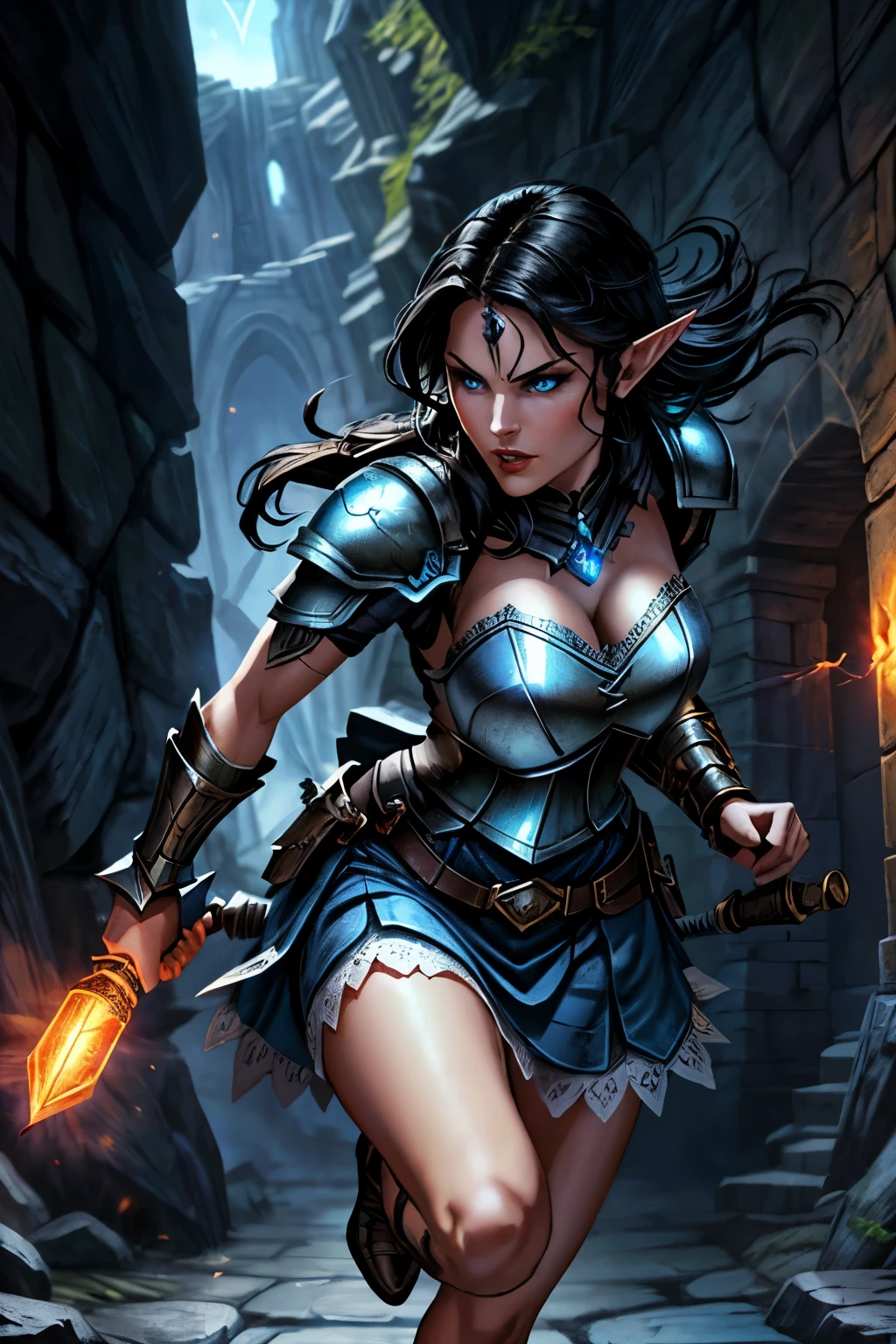 illustration of a resolute female elf with black hair intense blue eyes and a square jaw, running through a dungeon. She wears a striking armor chest plate, contrasting a billowing blue skirt with white lace details. She explores a dark dungeon carrying a torch in her left hand, her right hand holds a mace. Dramatic shadows accentuate her commanding presence while the torch's warm radiance envelops the scene.