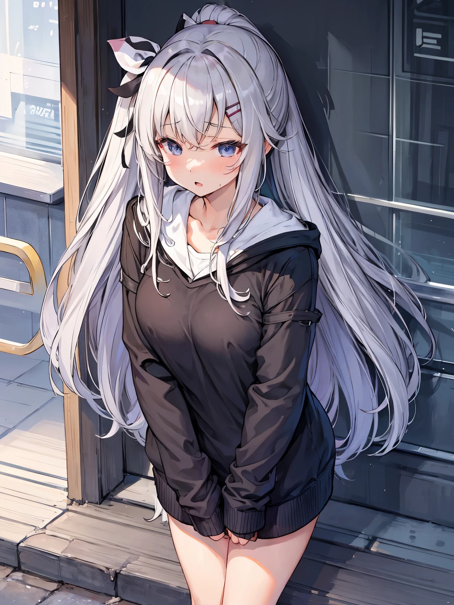 masterpiece, highest quality, High Resolution, Kaede Higuchi, One Girl, Virtual YouTuber, solo, Hair length, 右eyeの下のほくろ, 紫色のeye, ponytail, hair ornaments, White ribbon, Hair Ribbon, bow, Very long hair, Barrette, Gray Hair, Bans、be patient，sweater fuller，coat，Black skinny pants、Proudly、On the street，One Girl、alone、Feel the expreSSion、bluSh、Spread your legS、ClotheS get wet、ClotheS get wet and become tranSparent、Spread your legS、PuSSy、Thick white love juice、Drip a large amount of love juice、Feel the expreSSion、Sleep、cloSe ~ eye、orgaSm、、KindergartenerS&#39;body、Short length、、IntenSe maSturbation、Put your finger in、IntenSe maSturbation、I wear clotheS、Spread with your fingers、Sweat、it hurtS、(Huge breaStS:1.4)、climax、Squirting、NippleS viSible through clotheS、Low - Angle、The whole body is thick