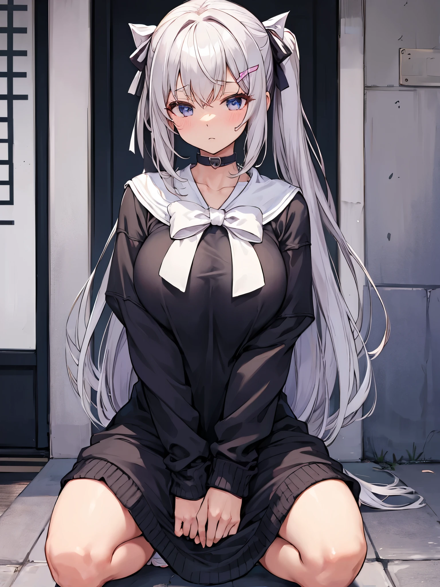 masterpiece, highest quality, High Resolution, Kaede Higuchi, One Girl, Virtual YouTuber, solo, Hair length, 右eyeの下のほくろ, 紫色のeye, ponytail, hair ornaments, White ribbon, Hair Ribbon, bow, Very long hair, Barrette, Gray Hair, Bans、be patient，sweater fuller，coat，Black skinny pants、Proudly、On the street，One Girl、alone、Feel the expreSSion、bluSh、Spread your legS、ClotheS get wet、ClotheS get wet and become tranSparent、Spread your legS、PuSSy、Thick white love juice、Drip a large amount of love juice、Feel the expreSSion、Sleep、cloSe ~ eye、orgaSm、、KindergartenerS&#39;body、Short length、、IntenSe maSturbation、Put your finger in、IntenSe maSturbation、I wear clotheS、Spread with your fingers、Sweat、it hurtS、(Huge breaStS:1.4)、climax、Squirting、NippleS viSible through clotheS、Low - Angle、The whole body is thick