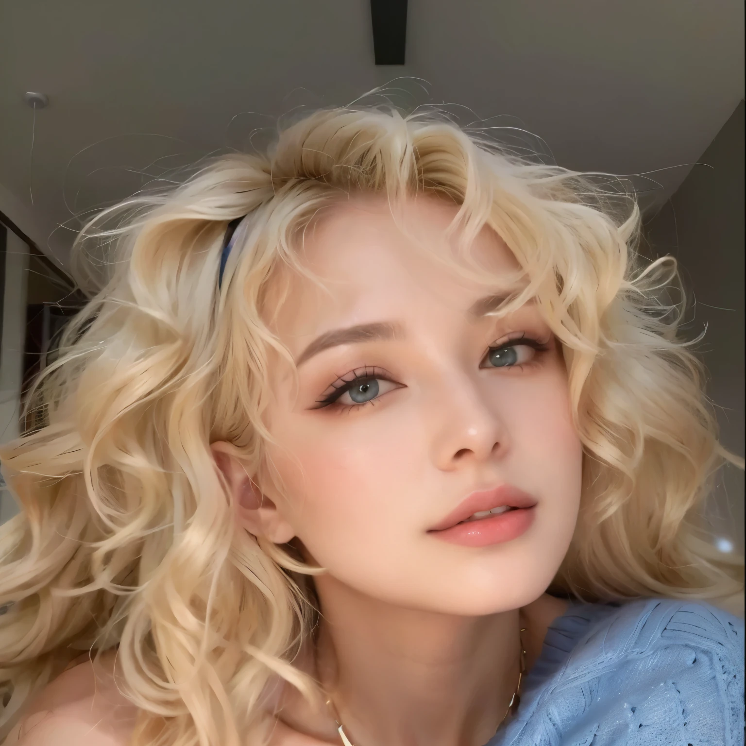 blonde woman in blue sweater and necklace posing for a photo, pale skin loiro encaracolado hair, franja encaracolada, loiro encaracoladoe hair | d & d, uma garota com cabelo loiro, cabelo loiro cacheado, short loiro encaracoladoe haired girl, franja encaracolada and ponytail, loiro encaracolado hair, maquiagem sul-coreana popular, cabelo loiro cacheado, loiro encaracoladoe hair, linda mulher sul-coreana, loiro encaracolado