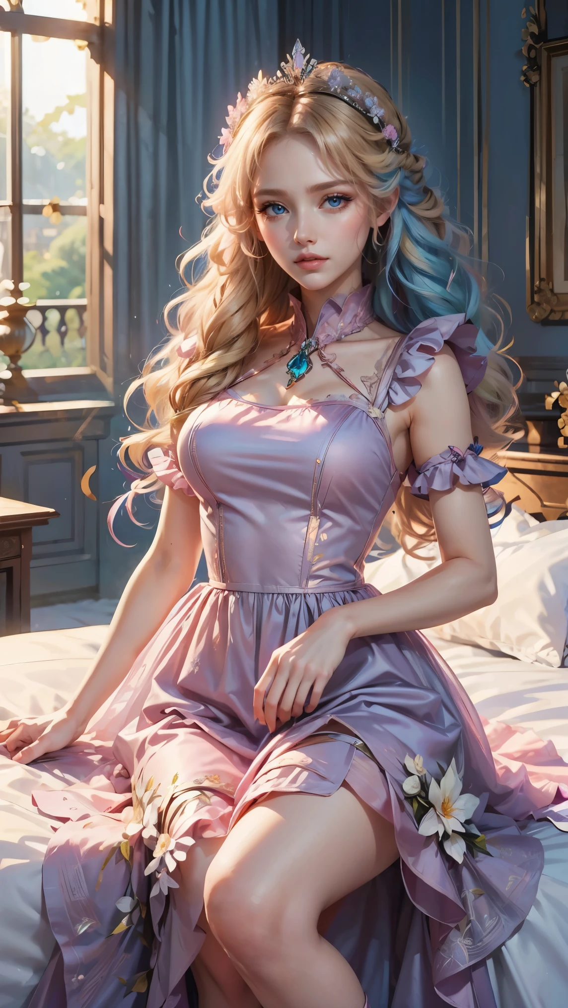 Best quality, masterpiece, ultra high res, raw photo, beautiful and aesthetic, deep shadow, fairy theme,(ultra detailed:1.3),
1girl, dynamic pose, flower headdress, drill hair, long hair, blonde hair, gradient hair, yellow eyes, solo, huge breasts, big hair, blue hair, divine goddess, looking at viewer, indoors, queen bedroom, empress bed, room full of curtain, astraea, full body, pink dress, cute maid dress, transparant dress,