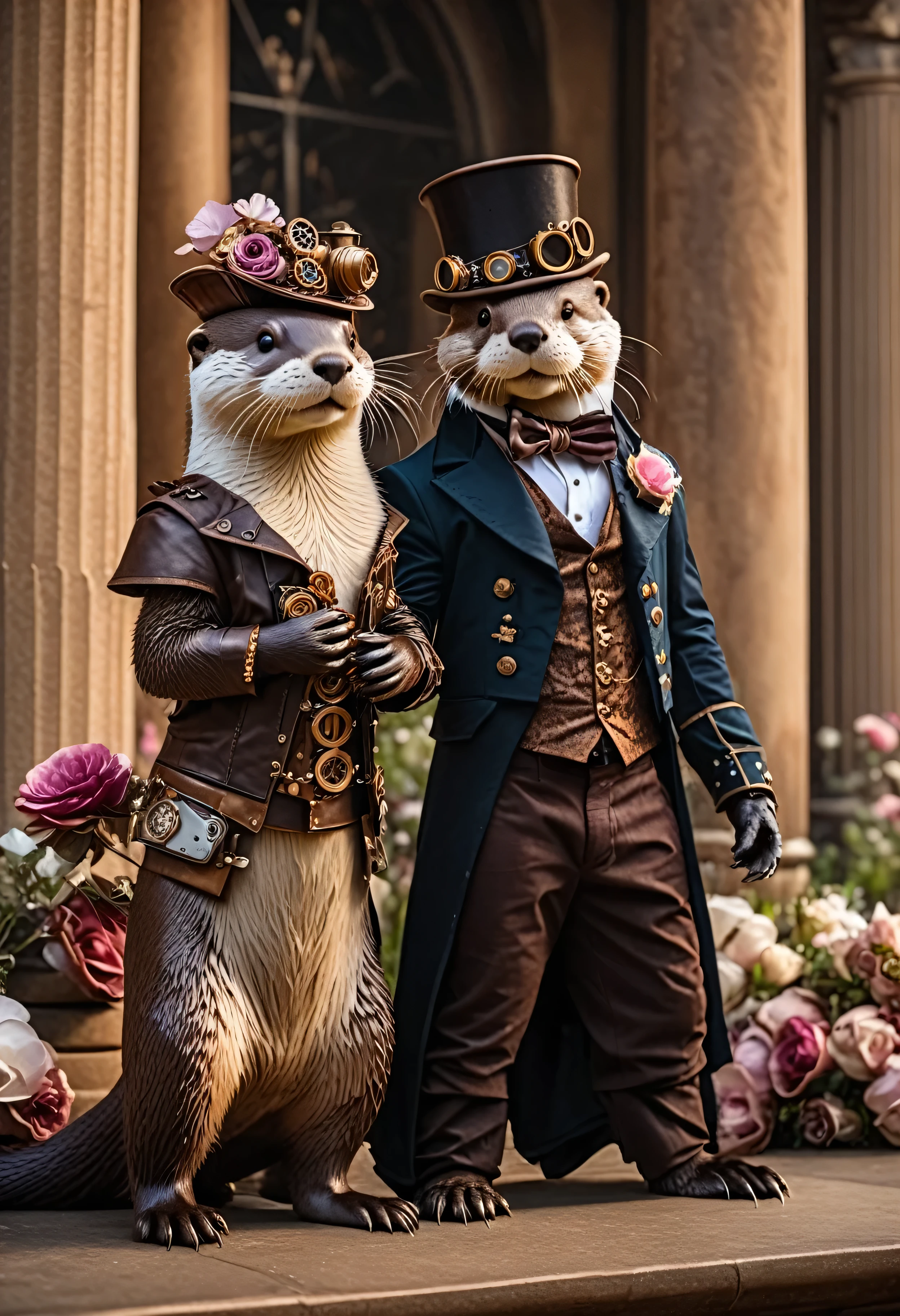Award winning photography, close-up short, professional photo, cinematic lighting, masterpiece in maximum 16K resolution, ultra detailed, superb quality, side view of an (anthropomorphic otter:1.2) love couple on the (classic wedding ceremony), (steampunk:1.4), (columns surrounded with flowers, floating petals), divine aura, serene romantic atmosphere.
