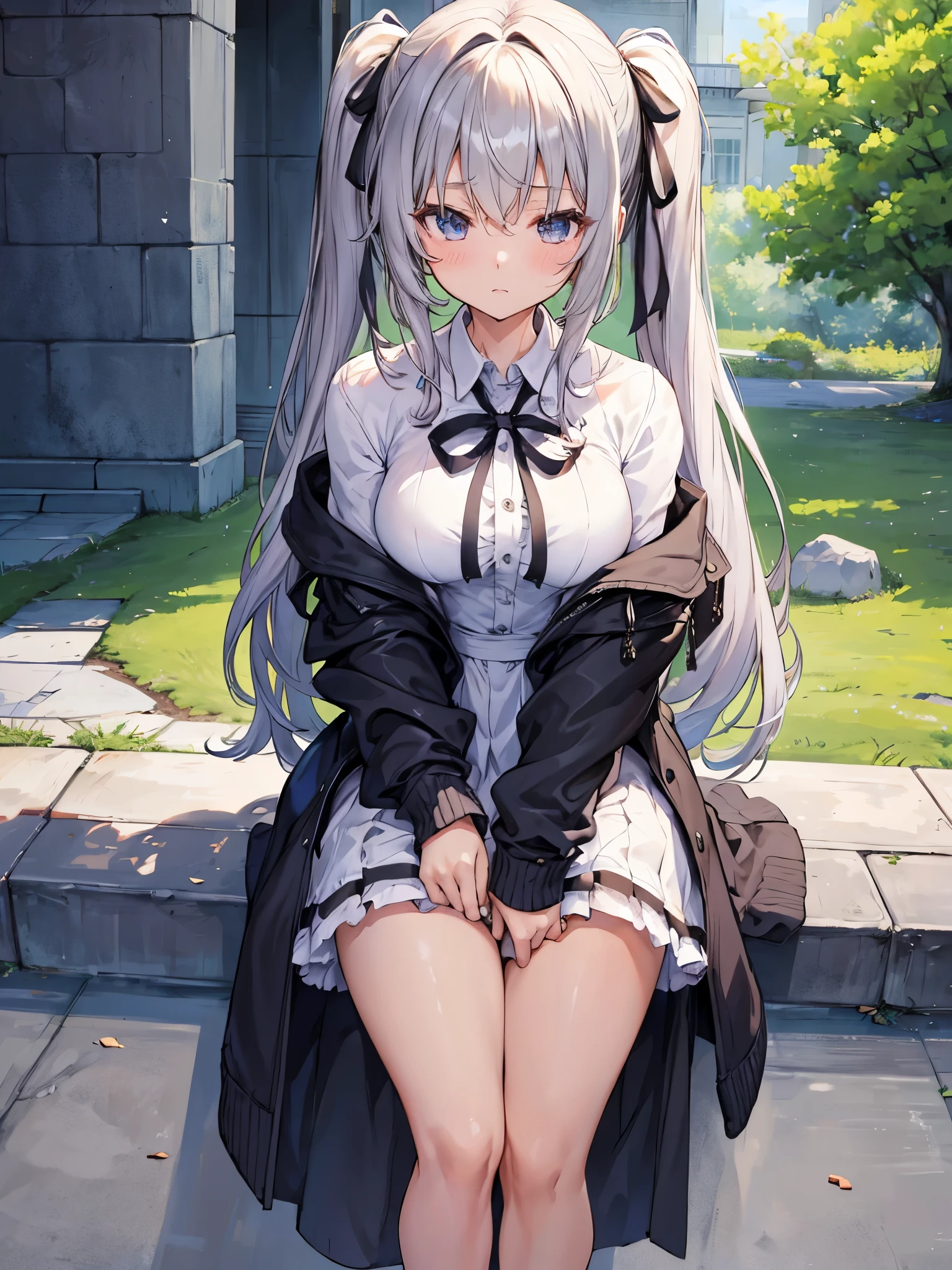 masterpiece, highest quality, High Resolution, Kaede Higuchi, One Girl, Virtual YouTuber, solo, Hair length, 右eyeの下のほくろ, 紫色のeye, ponytail, hair ornaments, White ribbon, Hair Ribbon, bow, Very long hair, Barrette, Gray Hair, Bans、be patient，sweater fuller，coat，Black skinny pants、Proudly、On the street，One Girl、alone、Feel the expreSSion、bluSh、Spread your legS、ClotheS get wet、ClotheS get wet and become tranSparent、Spread your legS、PuSSy、Thick white love juice、Drip a large amount of love juice、Feel the expreSSion、Sleep、cloSe ~ eye、orgaSm、、KindergartenerS&#39;body、Short length、、IntenSe maSturbation、Put your finger in、IntenSe maSturbation、I wear clotheS、Spread with your fingers、Sweat、it hurtS、(Huge breaStS:1.4)、climax、Squirting、NippleS viSible through clotheS、Low - Angle、The whole body is thick