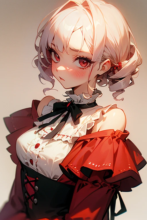 Short white hair, blush, one piece、Punk Fashion、Headbang 2.、Red clothes、Elegant Lolita、Victorian Maiden、Twin Drill、My hair is curly、Off the shoulder、