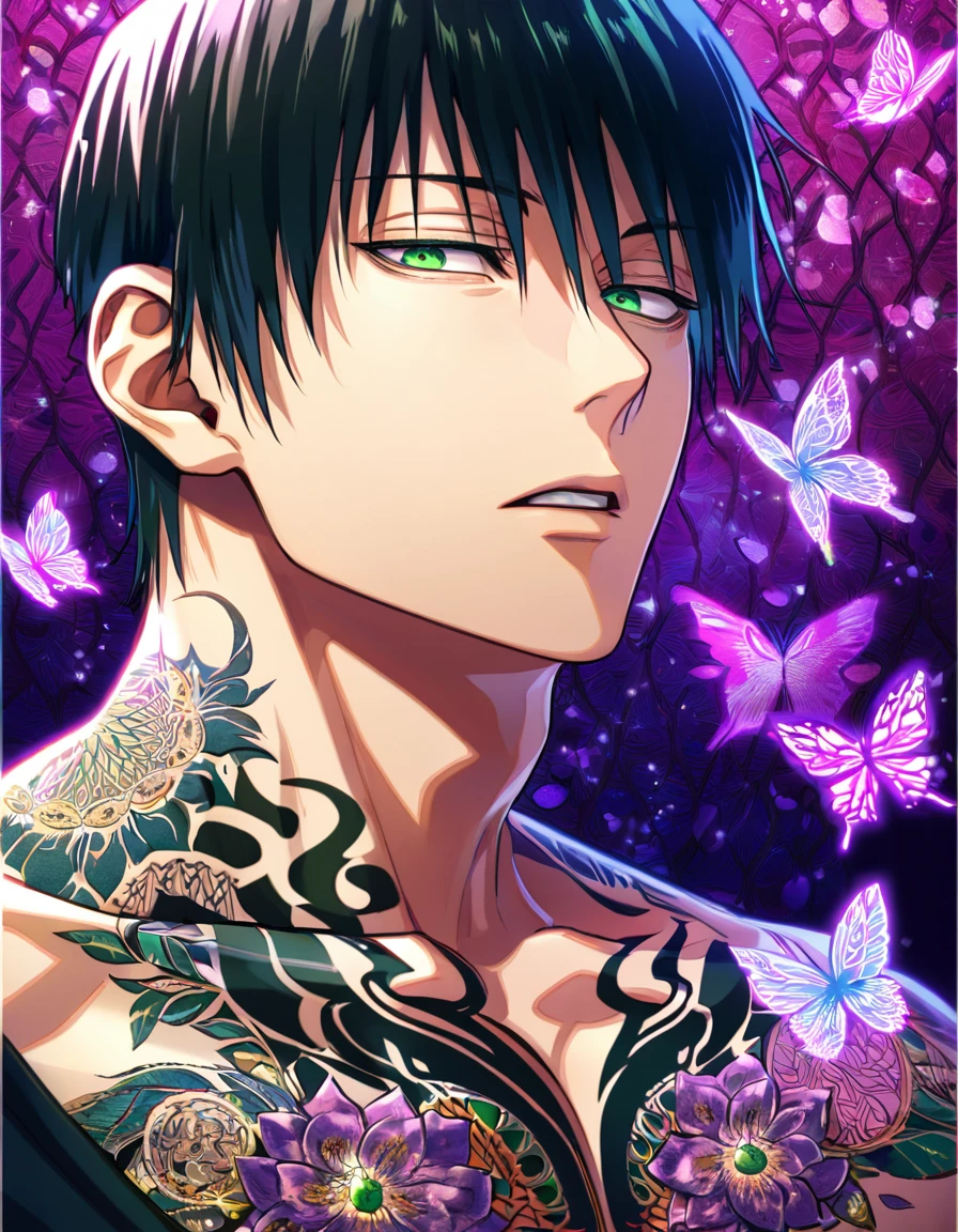 Ultra detailed, Highres, absurdres, HDR, Okkotsu Yuta, black hair, expressive dark blue eyes, white coat with patterns, Jujutsu Kaisen, white shirt, fantasy, glittering purple butterflies, petals, handsome, sexy man, solo, very detailed eyes and face, master piece, toned chest, glittering, purple flowers, sitting, tattoo on his neck,