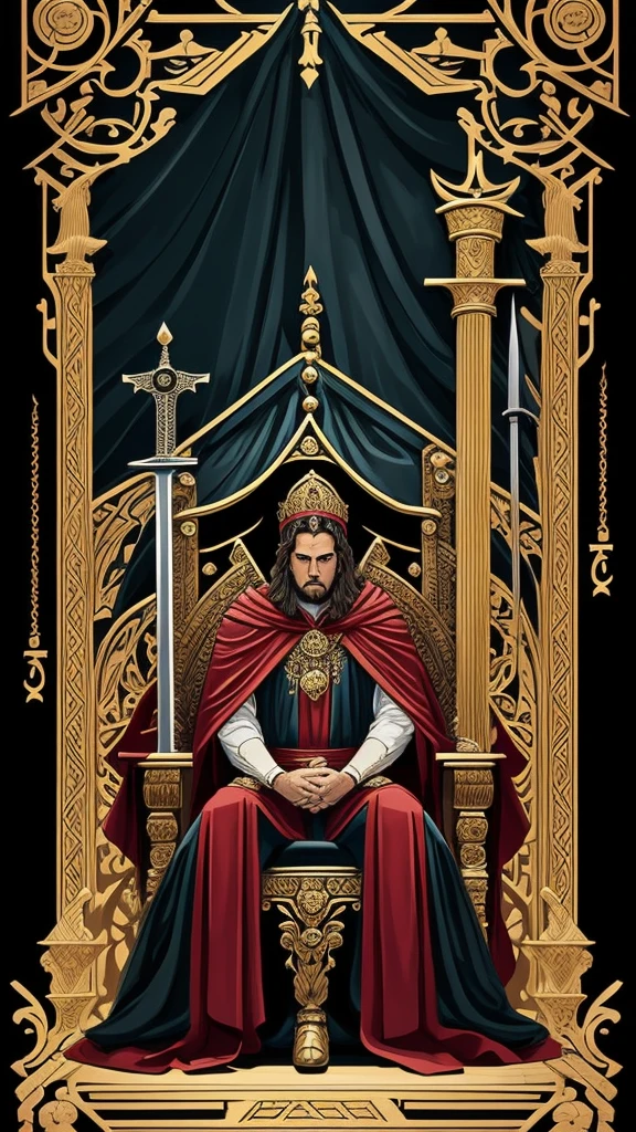 Tarot, el justicia, Mujer adulta, sentada en un trono, wears red and black robes, encarna a la justicia, la ley y el orden, en el fondo hay una balanza grande que indica que la justicia es ciega y equilibrada. At his side he has a large sword with the tip facing upwards..