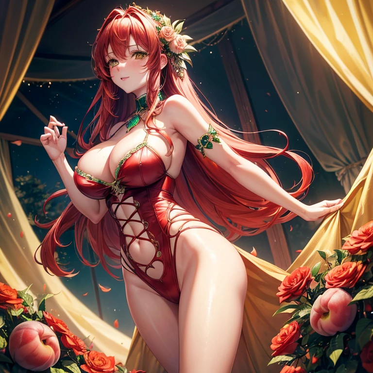 (Masterpiece: 1.4)
(Erotic setting: 1.2)
(Defined peaches: 1.4)
(Voluptuous girl: 1.2)
(Anime-inspired: 1.2)
(Red hair: 1.2)
(Long hair cascading down her back, falling onto a sensuous, floral-patterned bedspread in an 8K resolution, high dynamic range image. The girl's red hair shines under soft, romantic lighting, creating a captivating and alluring atmosphere.)
(Green eyes filled with desire, sparkling like emeralds under the high resolution, high