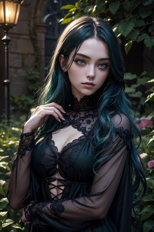 (best quality, highres, ultra-detailed, realistic:1.37), very beautiful 18 years old gothic girl, (green eyes), (long wavy black and blue hair), (dark makeup) a 18 years old gothic girl in a garden, detailed red roses, best quality, highres, ultra-detailed, realistic, intricate details, soft lighting, vibrant colors , bokeh, peaceful atmosphere, serene mood ,tranquil setting, harmony between nature and human presence, night, floggy. Gothic clothes, gothic mood.