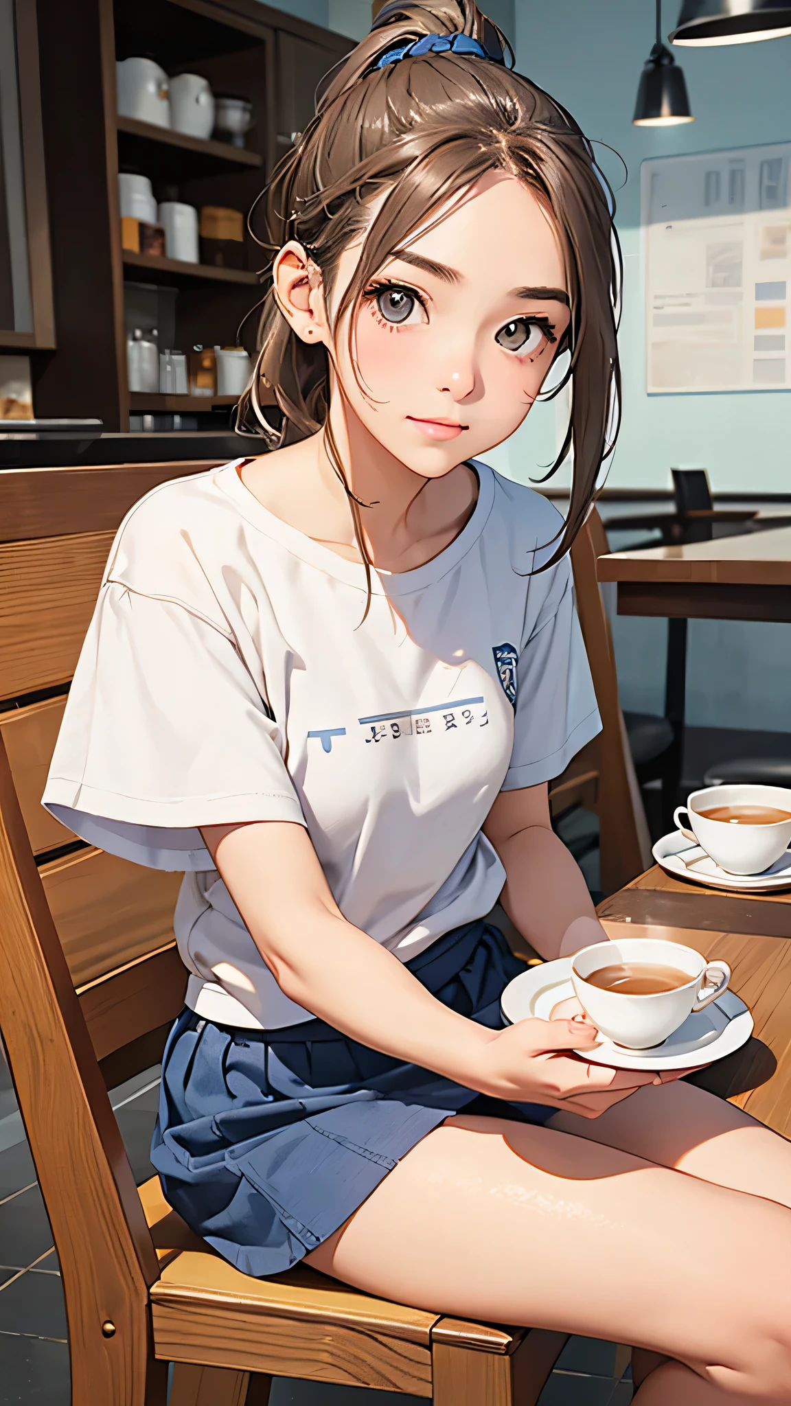 highest quality、Realistic、female、student、zoom、cute、Gray Eyes、Light Brown Hair、ponytail、T-Shirts、Blue mini skirt、Cafe、Take a seat、Have tea