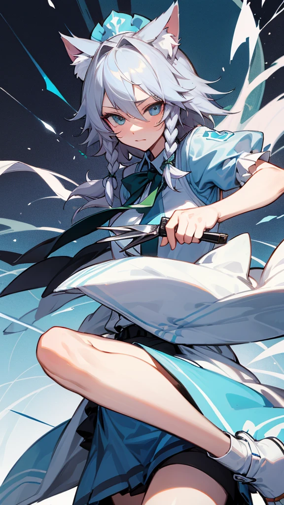 highest quality Neutral face woman I have long hair Odd Eye Gray Hair Sakuya Izayoi beautiful girl Cat ear kind Embarrassed Silver knife Sisters