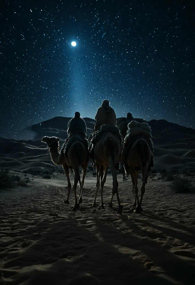 Close-up image, biblical, the three (((3))) wise men, riding on their camels, at night, following the ((star of bethlehem)) through the desert, at night, taking gifts, to meet the baby jesus, delicate detailing, highly detailed textures, soft-focus effect,soft shadows,minimalist aesthetic,gentle illumination,elegant simplicity,serene composition timeless appeal,visual softness,extremely high quality high detail RAW color photo,professional lighting,sophisticated color grading,sharp focus,soft bokeh,striking contrast,dramatic flair,depth of field,seamless blend of colors,cinematic still 35mm,CineStill 50D,800T,natural lighting,shallow depth of field,crisp details,hbo netflix film color LUT,32K,UHD,HDR,film light,panoramic shot,breathtaking,hyper-realistic,ultra-realism,high-speed photography,perfect contrast,award-winning phography,directed by lars von trie