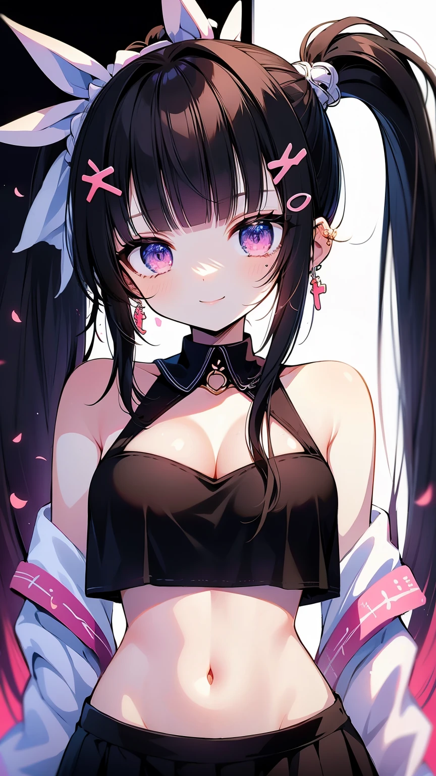 highest quality、Natural Lip、Fair skin、Great light、Beautiful lighting、((Straight hair))、((Ponytail Hair))、((Black Hair))、Blunt bangs、Off the shoulder、Big cleavage、White crop top、mini skirt、Gorgeous Accessories、Harajuku、smile、cute smile、Crowds in the city