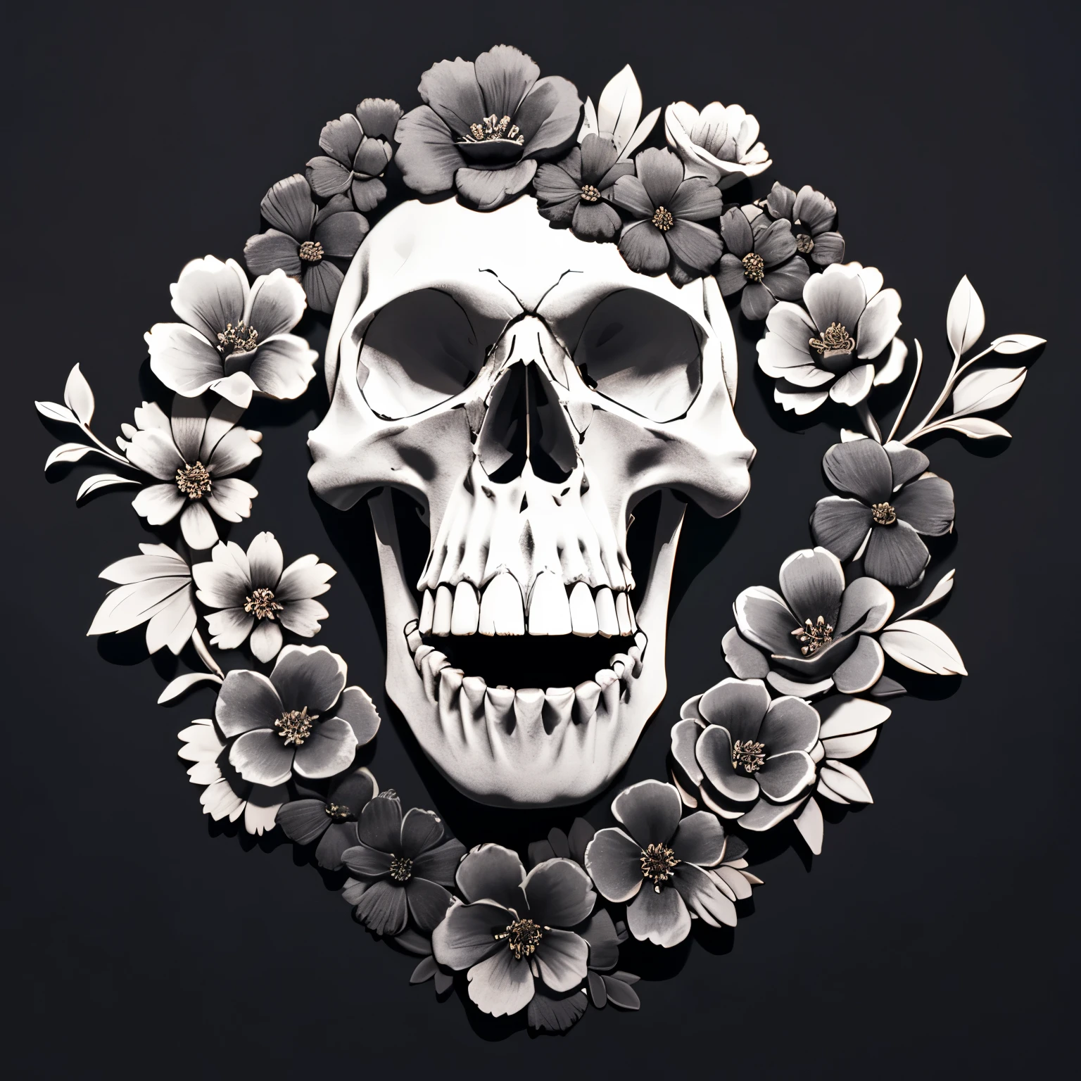(mejor calidad),(obra maestra),solo, mirando al espectador, fondo sencillo, dientes, no humanos, brillante, fondo oscuro, toxic, flores toxicas, flor de la muerte, colores tristes, colores frios, En la mesa, Manteles, skull black and white background