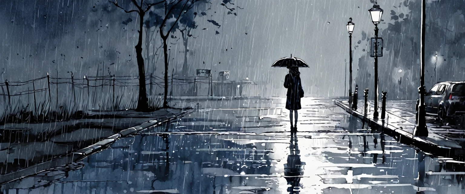 The rain stopped,Ink illustration, Inkpunk, Inked, girl waiting, Desolate, Ink splash, Ink dot, Ink stains, Evokes loneliness and solitude, Bold line, Ink illustration, night, Very dark, Blurred vision, gray、Black and dark blue tones, Desolate, Street lamp post, puddle, Still water,Distant headlights,
