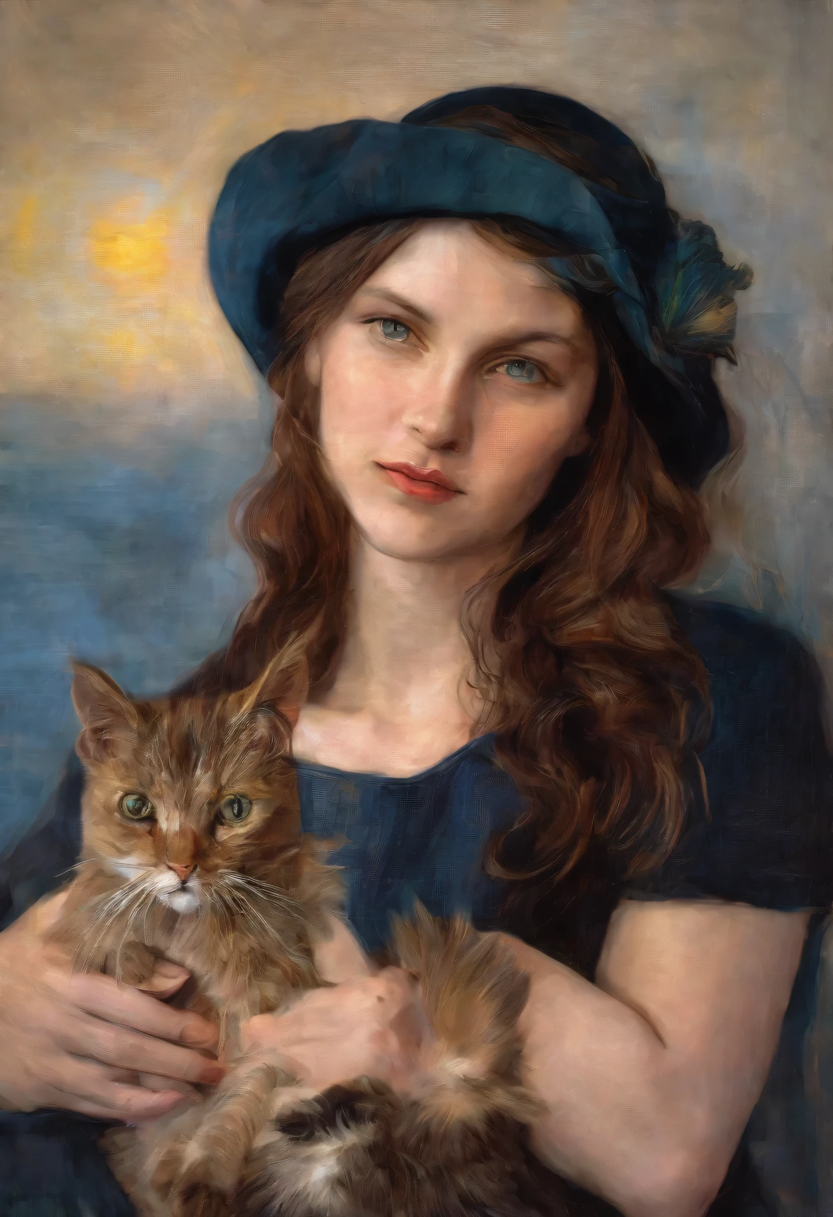 A beautiful woman in modern clothes, holding a little cat, highly detailed, renaissance style, oil painting, (best quality,4k,8k,highres,masterpiece:1.2),ultra-detailed,1.37),HDR,UHD,studio lighting,ultra-fine painting,sharp focus,physically-based rendering,extreme detail description,professional,vivid colors,bokeh,portraits,van gogh,renoir,leonardo da vinci