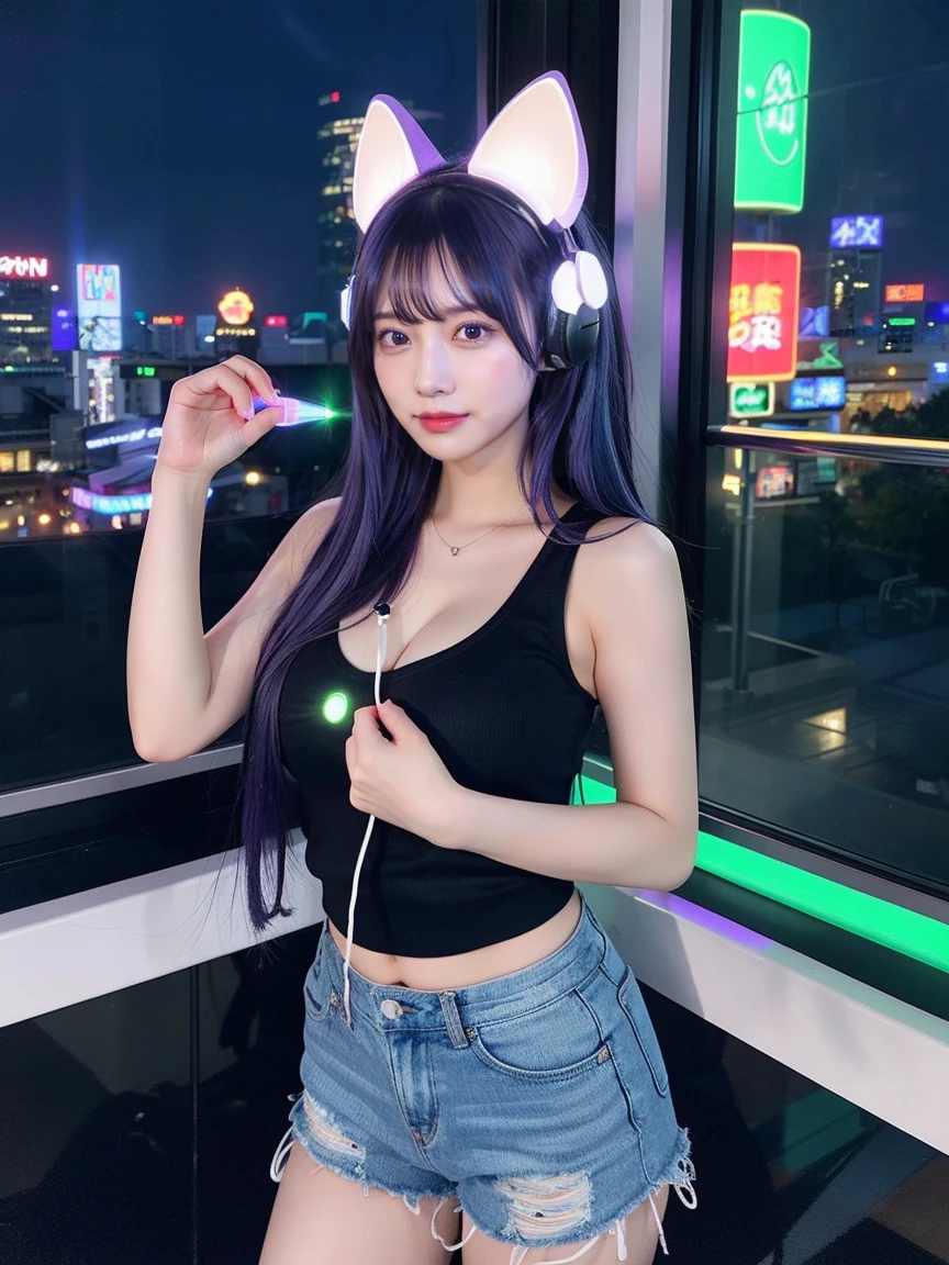 最high quality, masterpiece, 32k、Very detailed、Realistic、1 girl, Japanese women、Cute Face, (photo Actual:1.3),Bob Hair(Blue-violet hair color、Awesome blue and purple hairstyle)、Edge lighting, (Skin with attention to detail:1.2), 8k超High resolution, Single-lens reflex camera, high quality, High resolution, 4K, 8k, Optimal ratio of four fingers to one thumb, (Actual:1.3), cute 1 girl, Realistic、Super Realistic、32k、Very detailed、masterpiece, 最high quality, beautiful girl, beauty、Mecha, Beautiful lighting, (Neon Light:1.2), (night:1.5), kpop idol costumes、Sleeveless outfit、Shorts、Large Breasts(Big Tits、With a valley)、Cat ears microphone headphones(Headphones with microphone gaming headgear、Head Fan)、Are standing、Cyber Neon、Future City、Skyscraper、都会のnight、Shanghai、Big cities、night景、綺麗なnight景