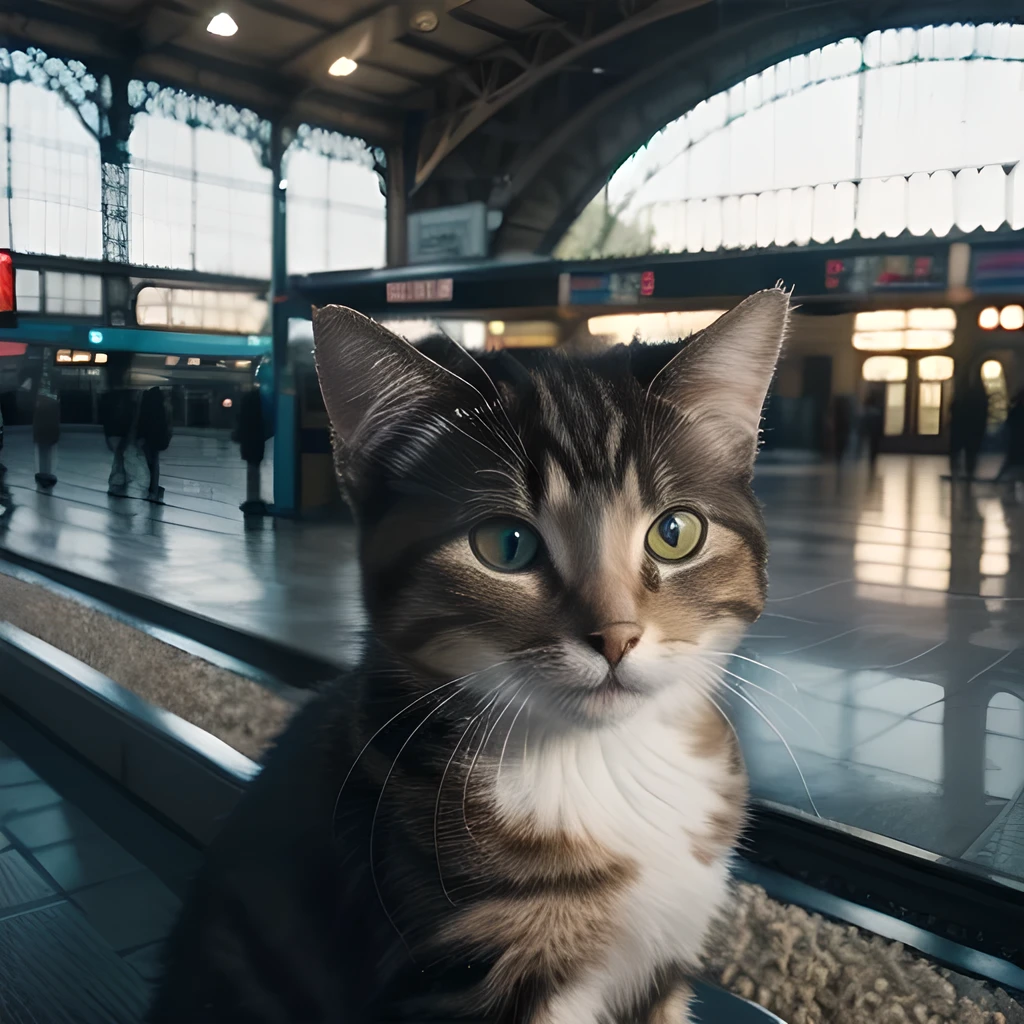 TOP quality,8K, masterpiece, (realistic:1.2), (cat:1.2), (train station:1.3),