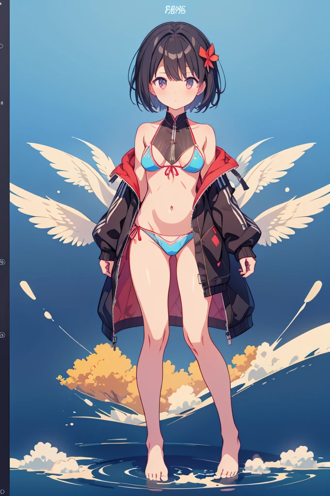 1girl、vtuber-fullbody、highest quality、Masterpiece、Official Art、The best composition、Super detailed、Standing in front of the viewer、short hair、Simple bikini、Small breasts、barefoot、Transparent Background、