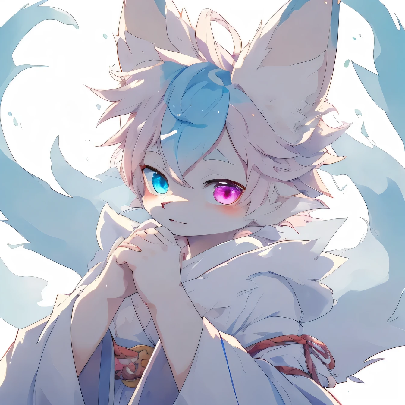 A beautiful male fox humanoid with pastel pink hair, heterochromic eyes, wearing a miko outfit, detailed hands, against a pure white background, with soft blue-white fur, beautiful lighting and atmosphere, volumetric lighting, extremely detailed and captivating face