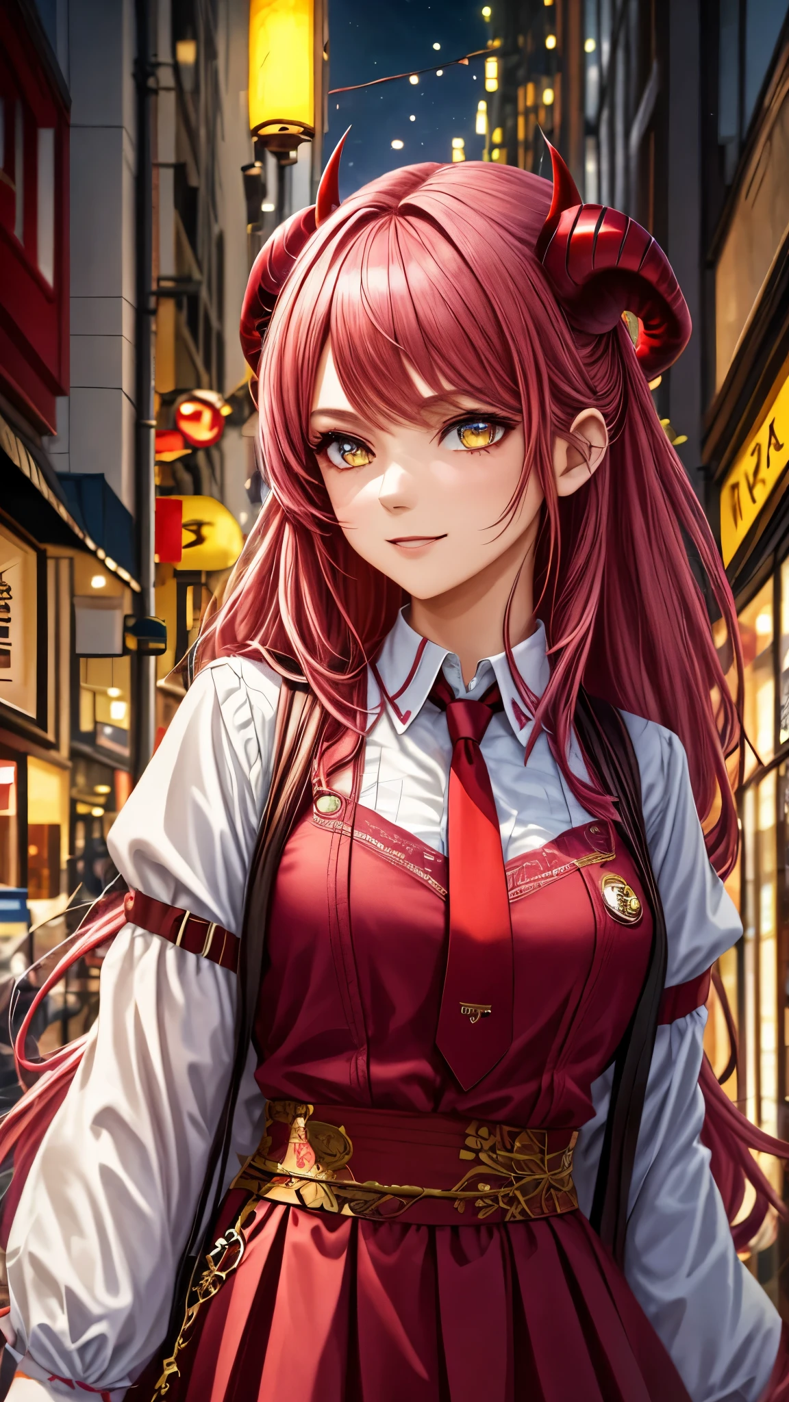 1girl, long pink hair, red horns, white collared shirt, black necktie, light smile, yellow eyes, corneo_power,, buildings,shops,town streets, dark sky, scenery,neon signs,night city, japanese lyrics,, , absurdres, detailed eyes, extremely detailed, volumetric lighting, realistic, realistic lighting, 8k, cinematic lighting, depth of field, perfect, hyper-detailed, photorealistic, ultra realistic, realistic light, hard lighting, intricate details, stop motion, tonemapping, sharp focus, hyper detailed,