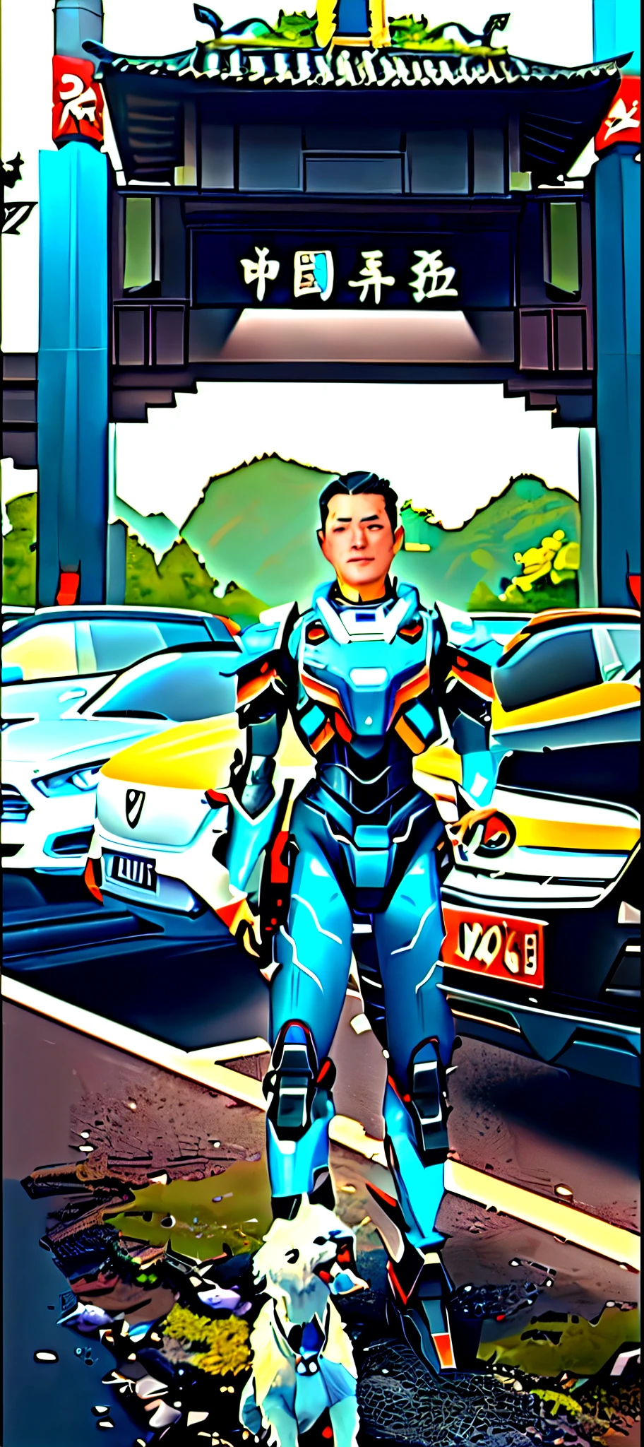 An Arav man in a suit stands next to a dog in a parking lot, As an Overwatch character, As an Overwatch character, Wearing a power armor suit, wearing thunder armor, xintong chen, Movie stills of a cool robot, Mecha suit, Network Package, Scenes from live action movies, covered in full metal armor, leng jun