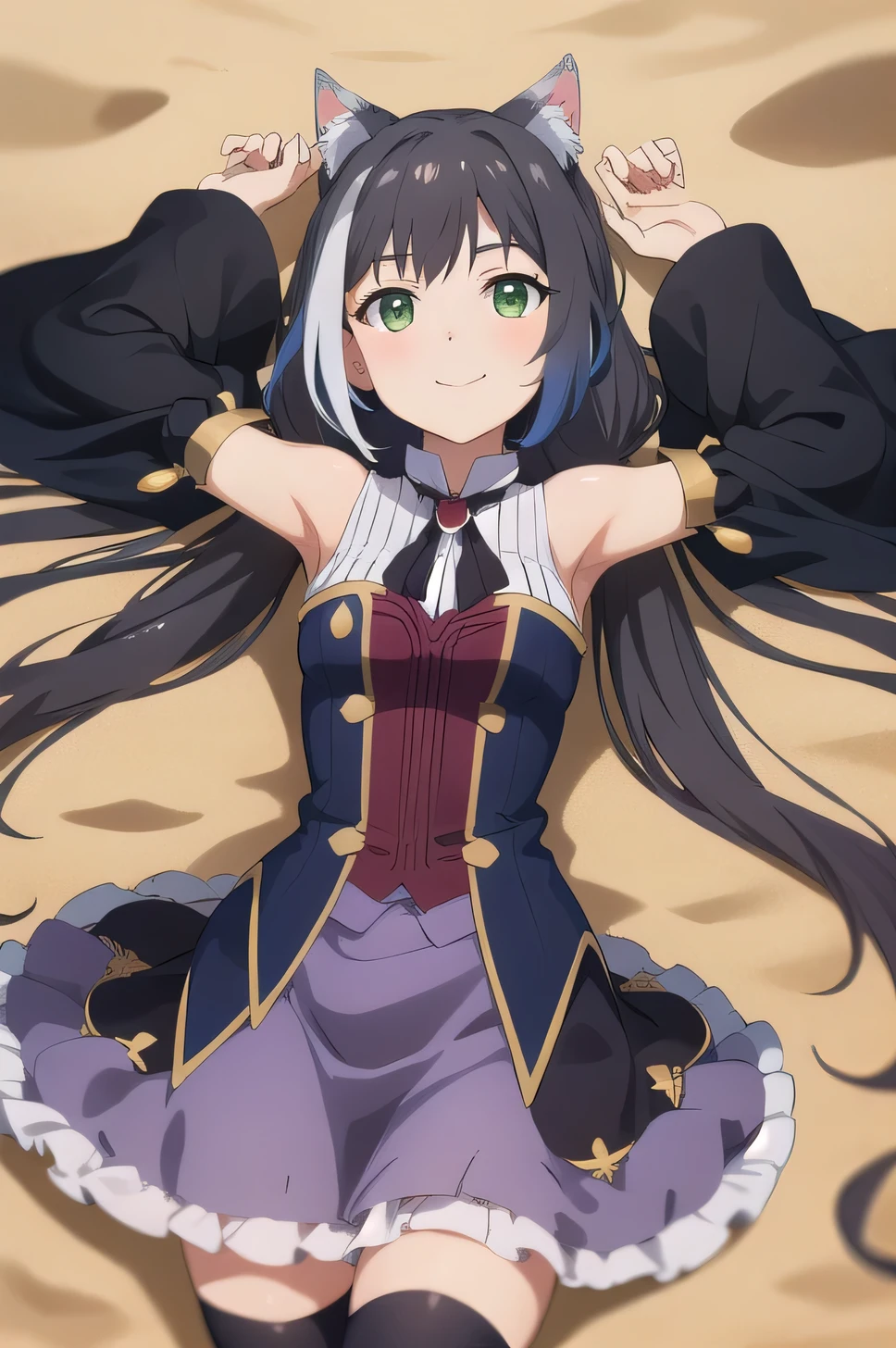 best quality, masterpiece, detailed,
Karyl,
solo, smile,
black hair, streaked hair, white hair, low twintails, very long hair, green eyes, cat ears, cat tail,
KarylDress, detached sleeves, black thighhighs, purple skirt, frills, brooch,
(cowboy shot:1.5), solo, lying, on back, on sand, spread arms, arms up, looking at viewer, best quality,