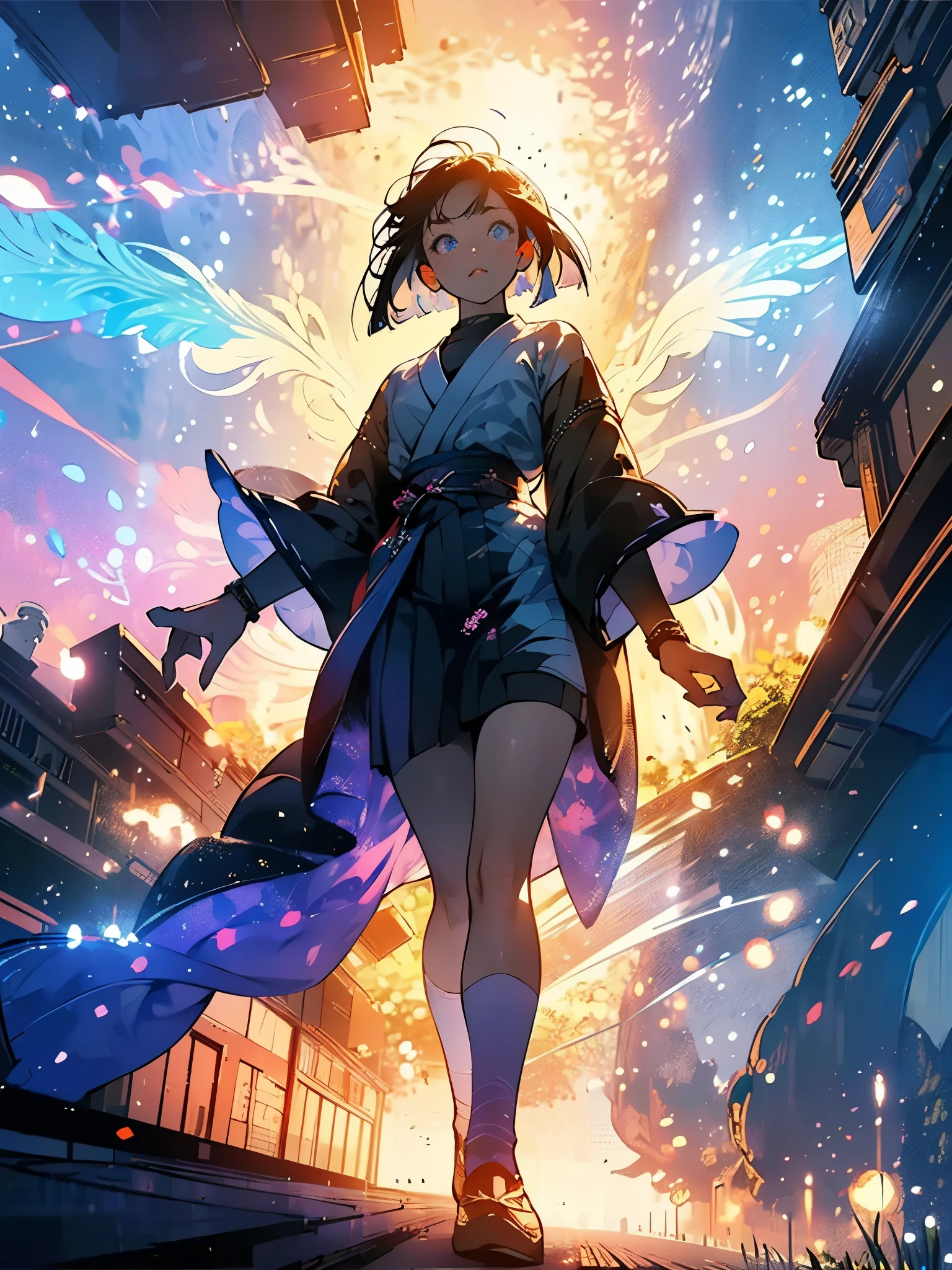 A girl fairy, walking through the streets of Tokyo among people, convenience stores in the field of vision, people crossing the center of Tokyo, (((the fairy has navy blue eyes, white shot bob hair, and walks down the street looking to the sides ))), {extremely detailed 16k CG unit wallpaper}, expansive landscape photography, (a low view focusing on the character and setting), (wide open field view), (low angle shot) , (high light: 1.5), (low light: 1.2), (warm light source: 1.2), complex details, (iridescent colors: 1.2), (bright lighting), (atmospheric lighting), dreamy